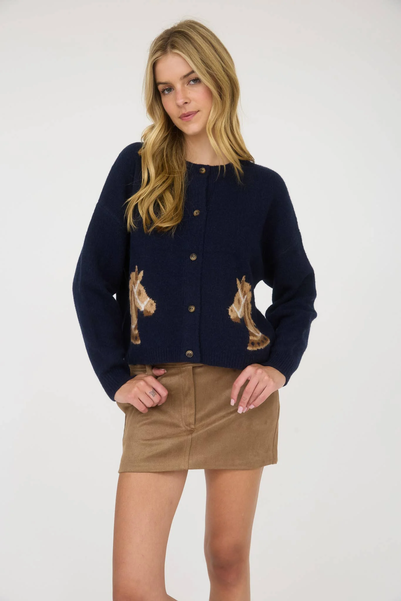 HORSE JACQUARD LONG SLEEVE BUTTON DOWN CARDIGAN: NAVY - XAYUYUE