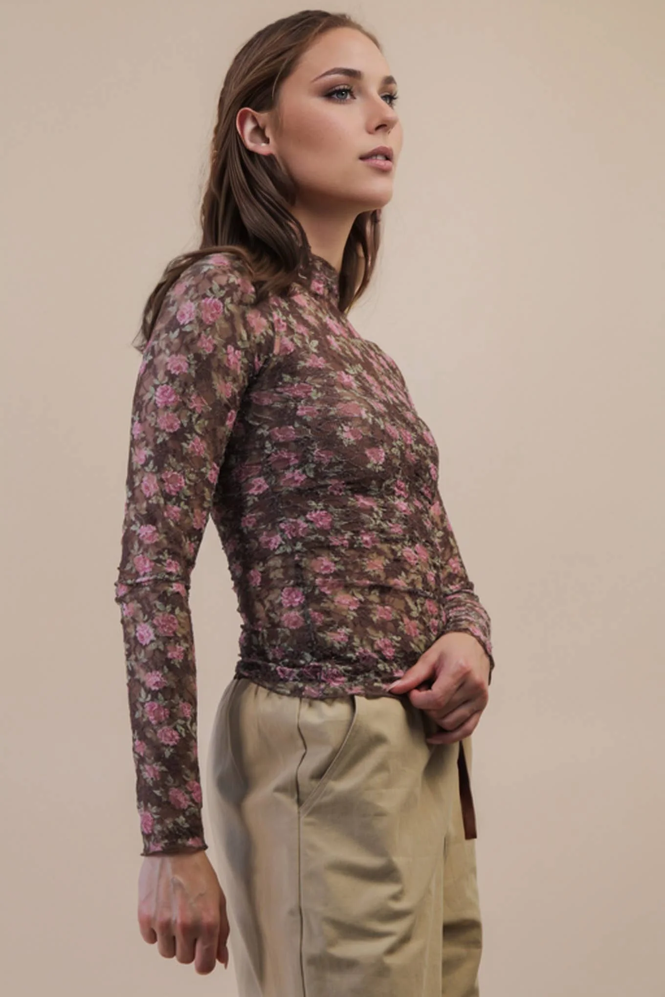 High Neck Fitted Sheer Mesh Lace Knit Top: CHOCOLATE FLORAL - XAYUYUE