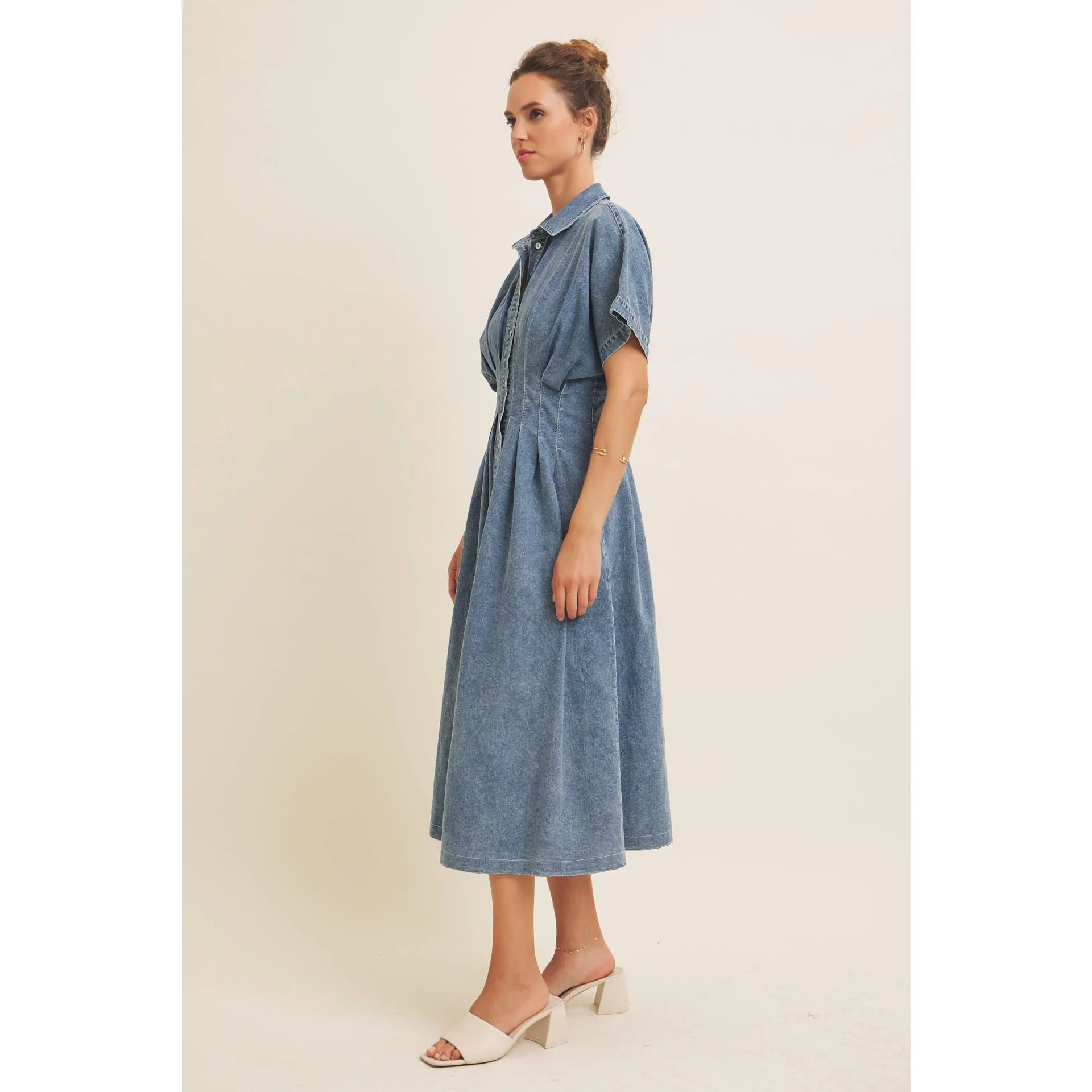 STRETCHY DENIM MIDI DRESS WITH MINERAL-WASHED: WASHED DENIM / L - XAYUYUE