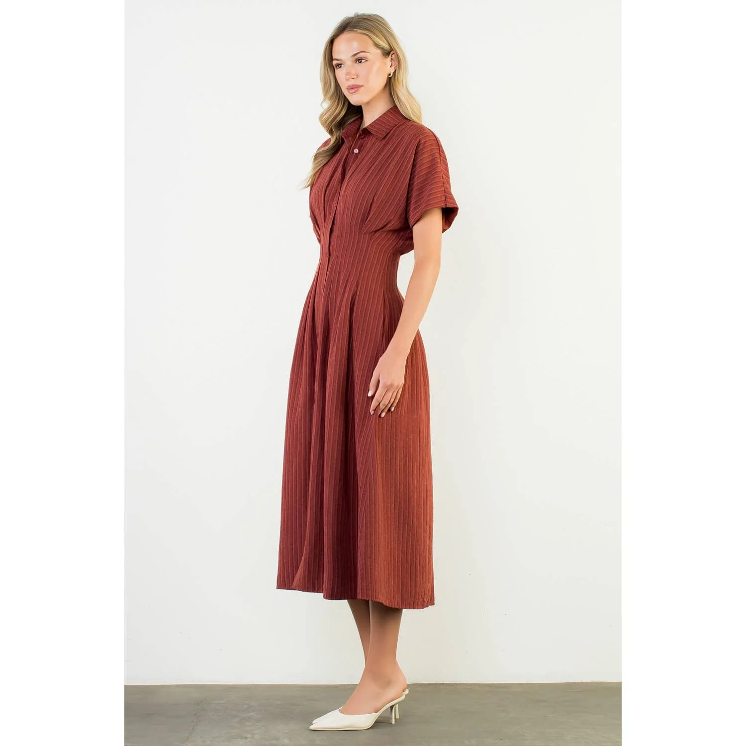 Collared Short Sleeve Button Front Maxi Dress: BURGUNDY - XAYUYUE