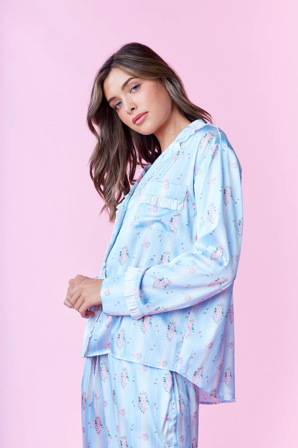 Striped Floral Ruffle Trim Pajamas - XAYUYUE
