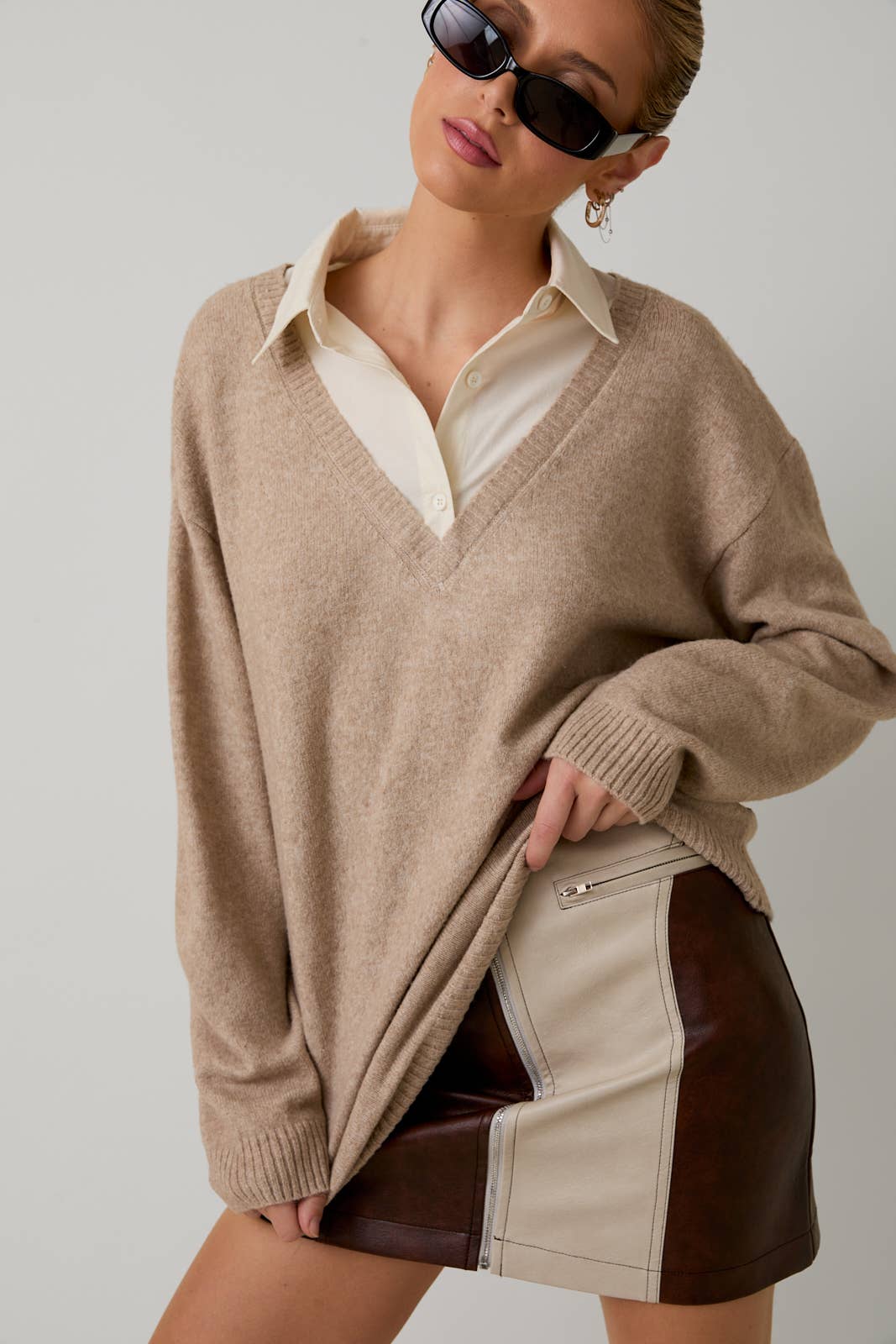 LONG SLEEVE SHIRT COLLAR LAYERED PULL OVER SWEATER TOP: OATMEAL - XAYUYUE