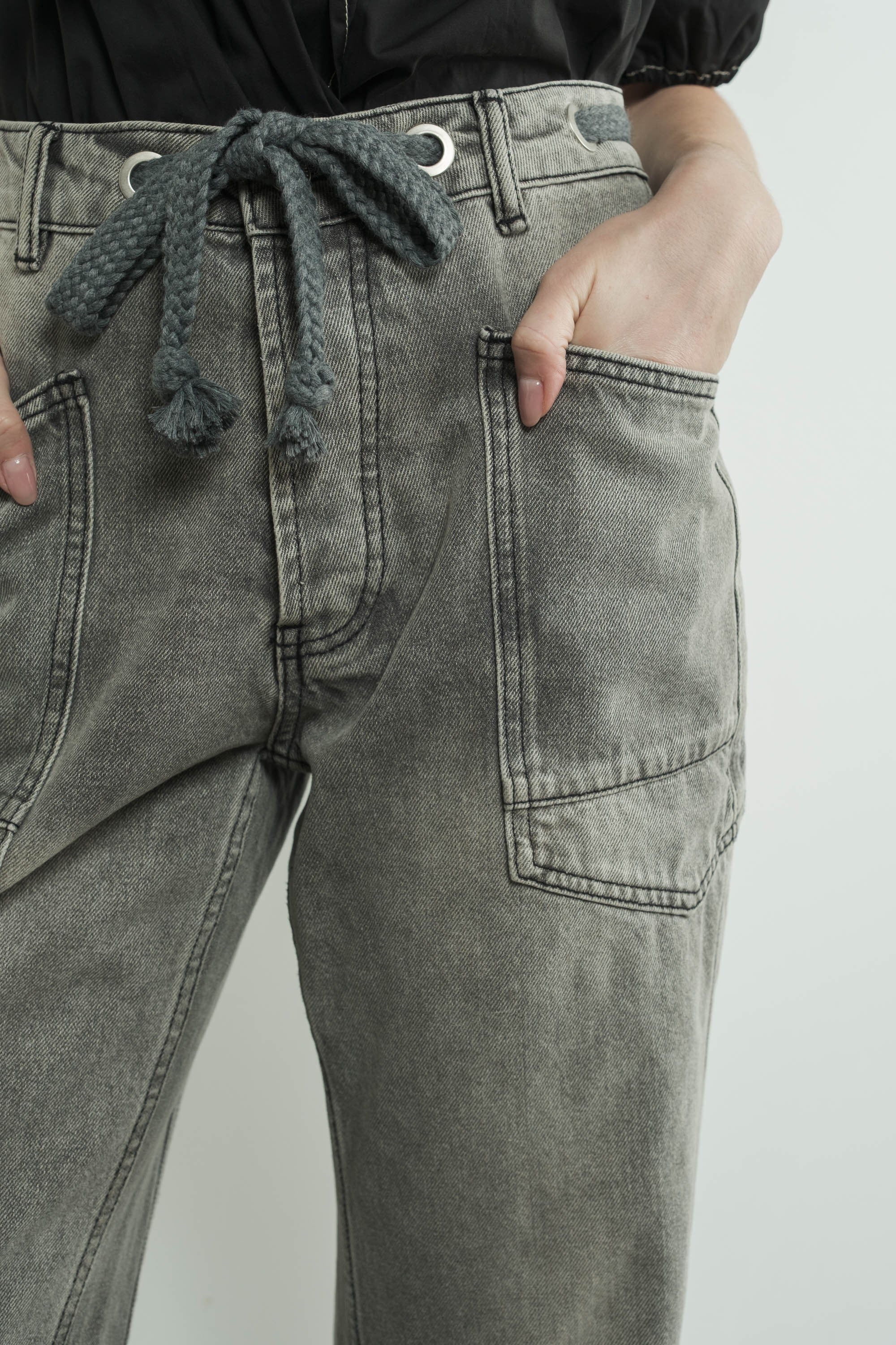 Barrel Denim Pants with Eyelet Waist - XAYUYUE