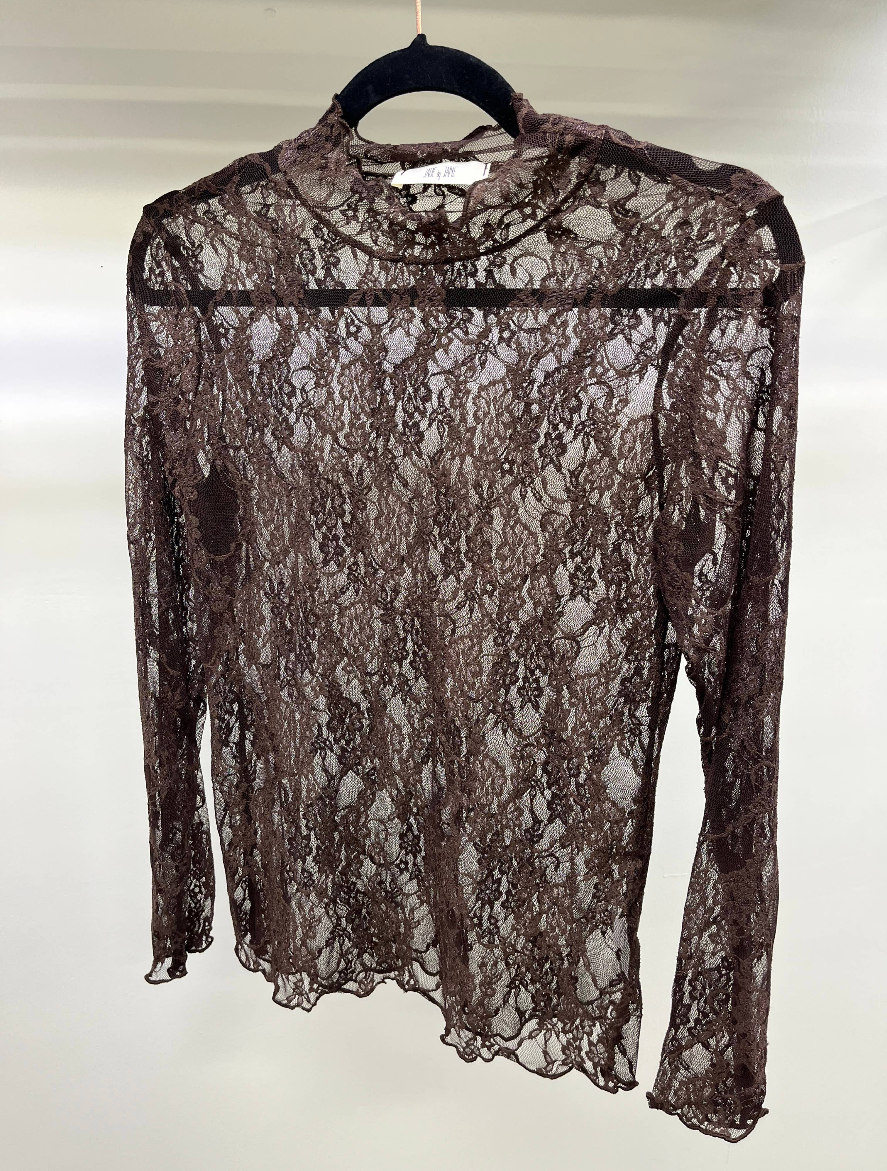 Floral Print Lace Long Sleeve Top: Brown - XAYUYUE