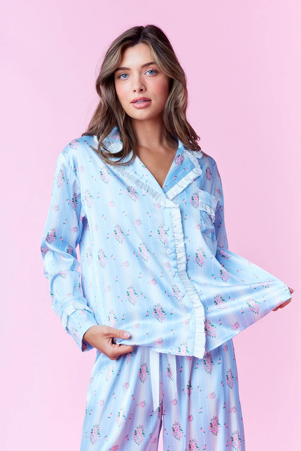 Striped Floral Ruffle Trim Pajamas - XAYUYUE