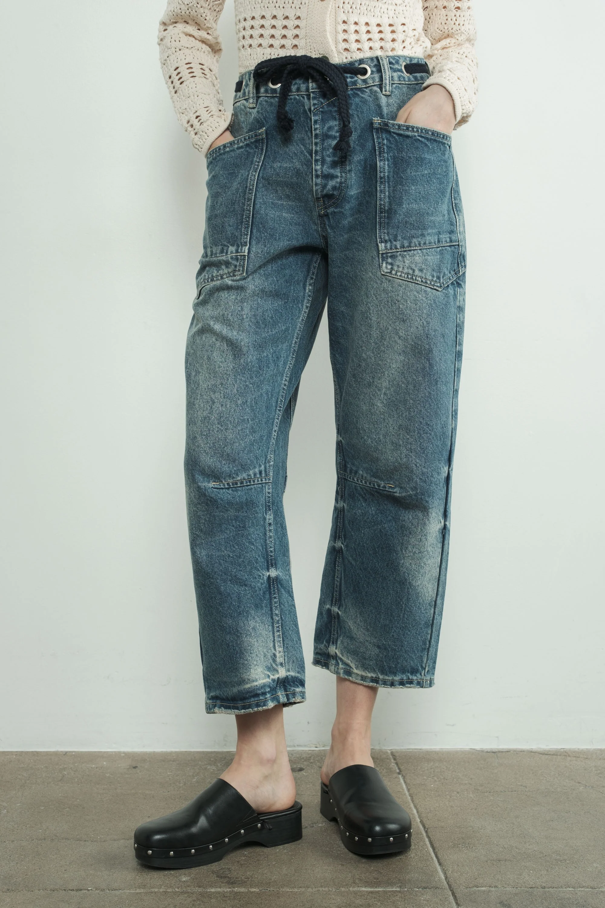 Barrel Denim Pants with Eyelet Waist - XAYUYUE