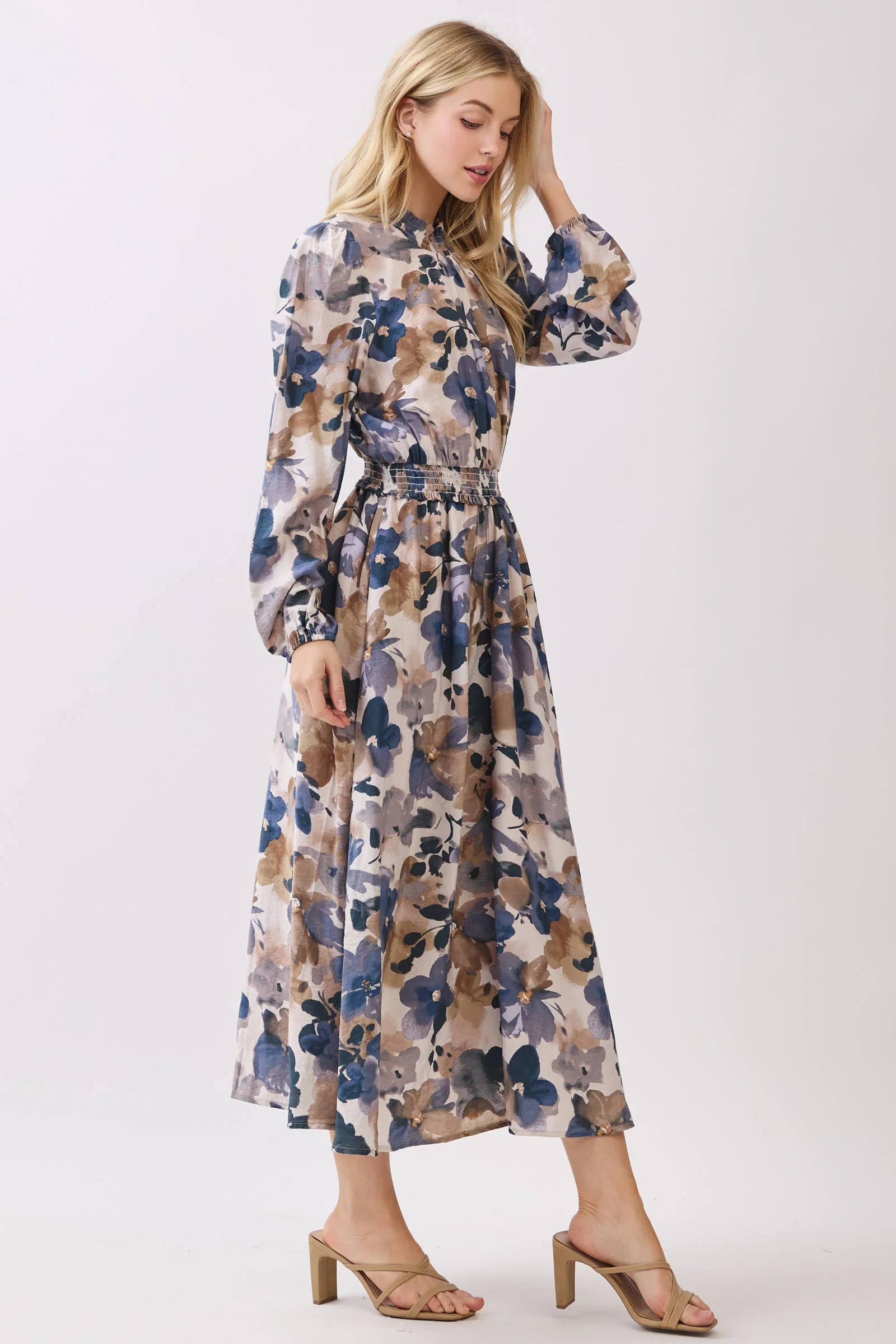 SMOCK NECK & WAIST RUFFLE MAXI FRONT SLIT DRESS: PURPLE BLUE - XAYUYUE