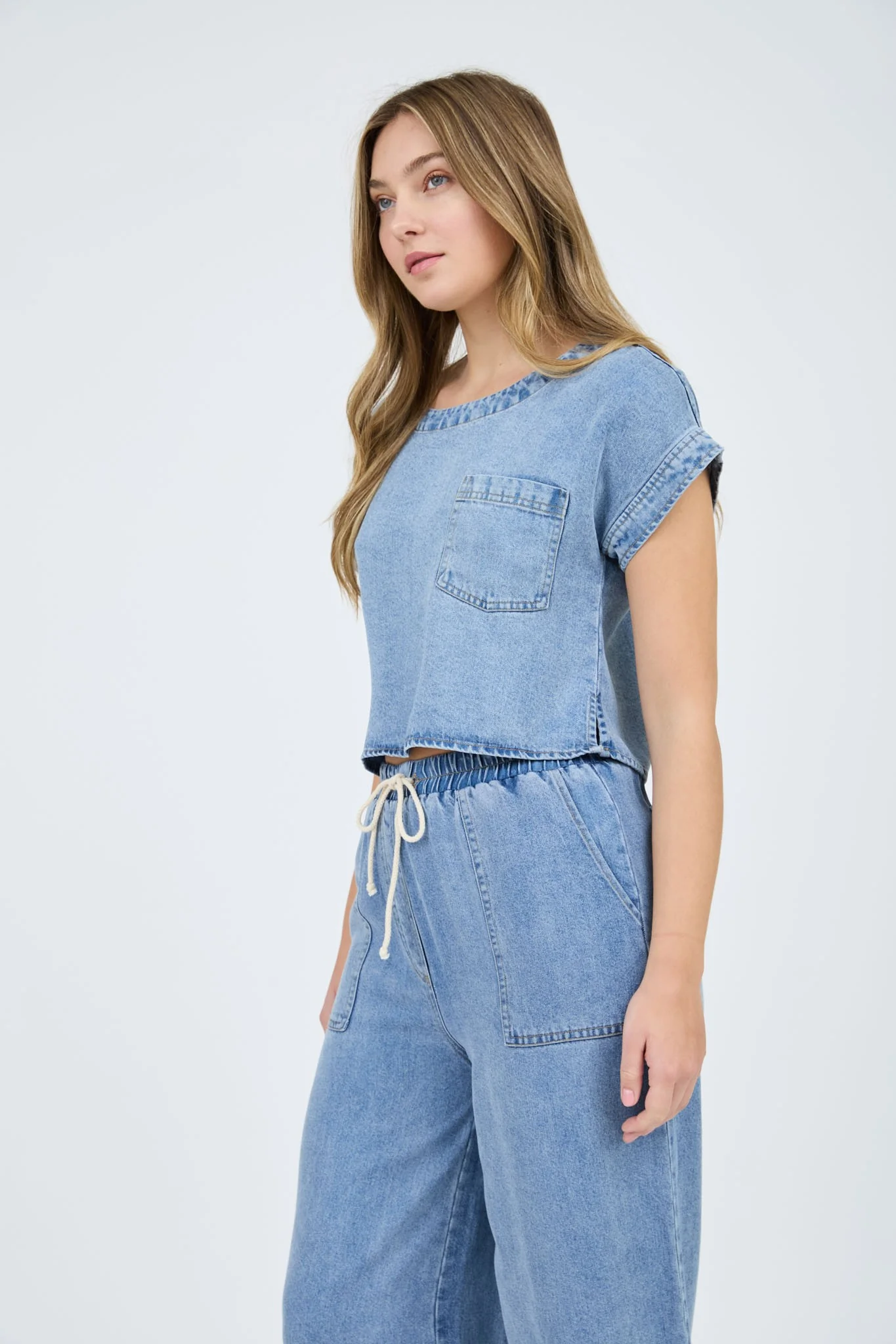 High Waist Drawstring Chambray Pants - XAYUYUE