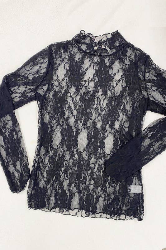 Floral Print Lace Long Sleeve Top: BLACK - XAYUYUE
