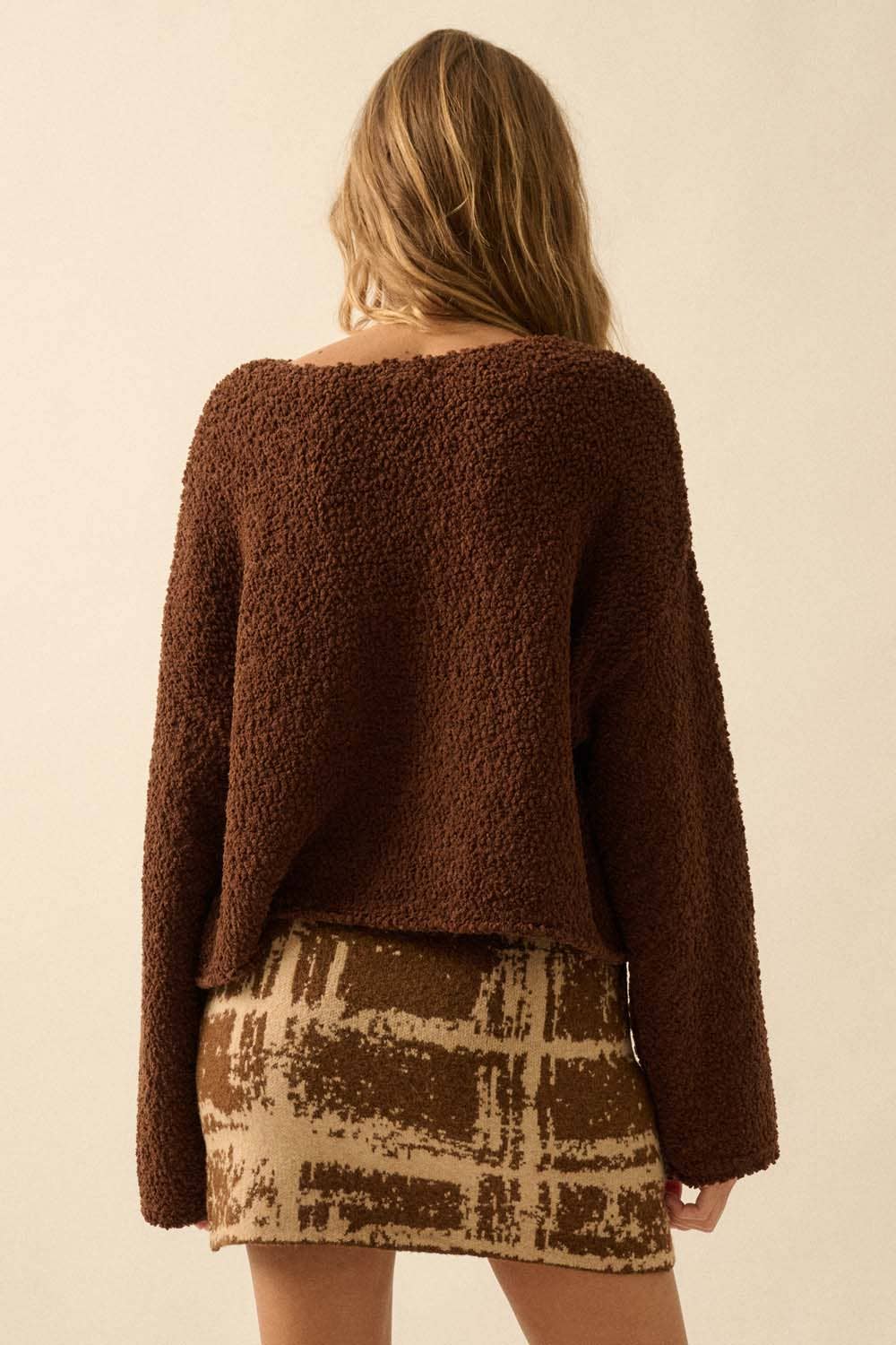 Popcorn-Knit Wide-Sleeve Boatneck Sweater: Chocolate - XAYUYUE