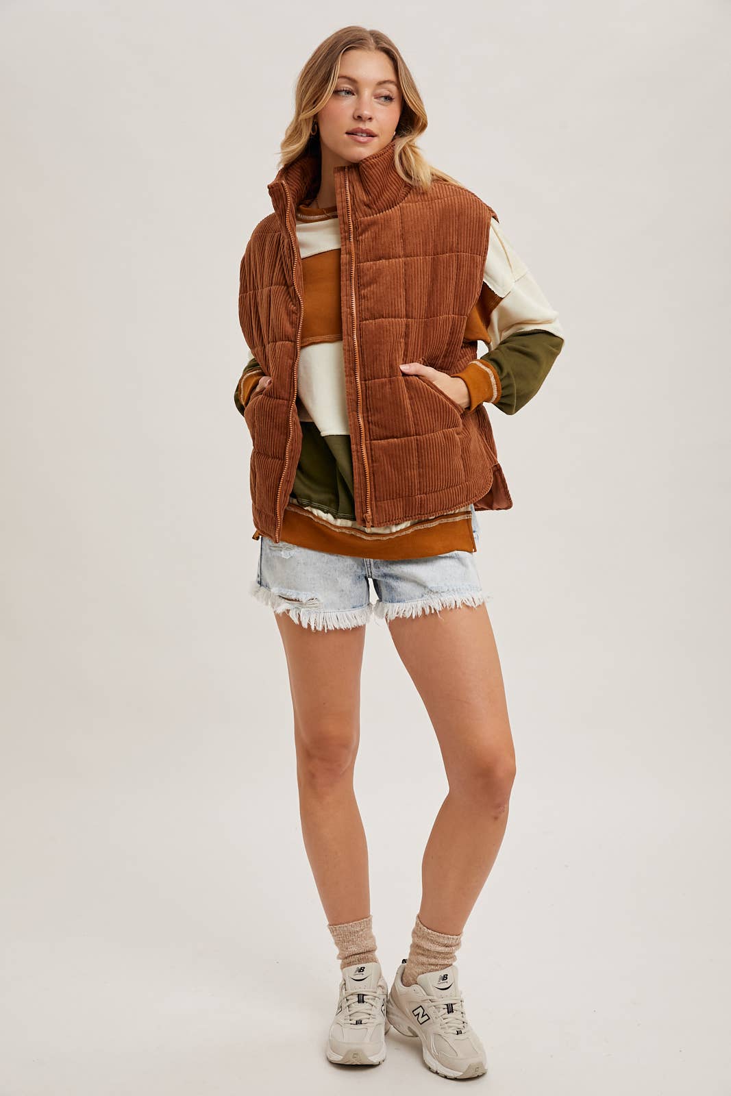 CORDUROY QUILTED PUFFER VEST: CAMEL / M - XAYUYUE