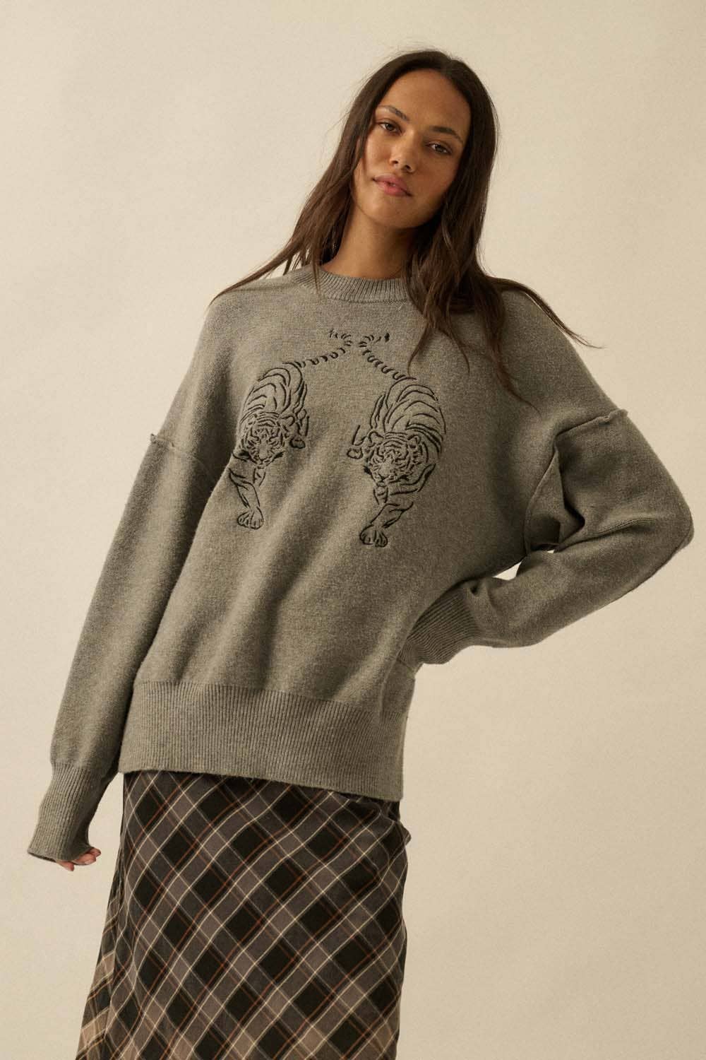 Embroidered Tigers Solid Knit Exposed-Seam Sweater: Grey - XAYUYUE