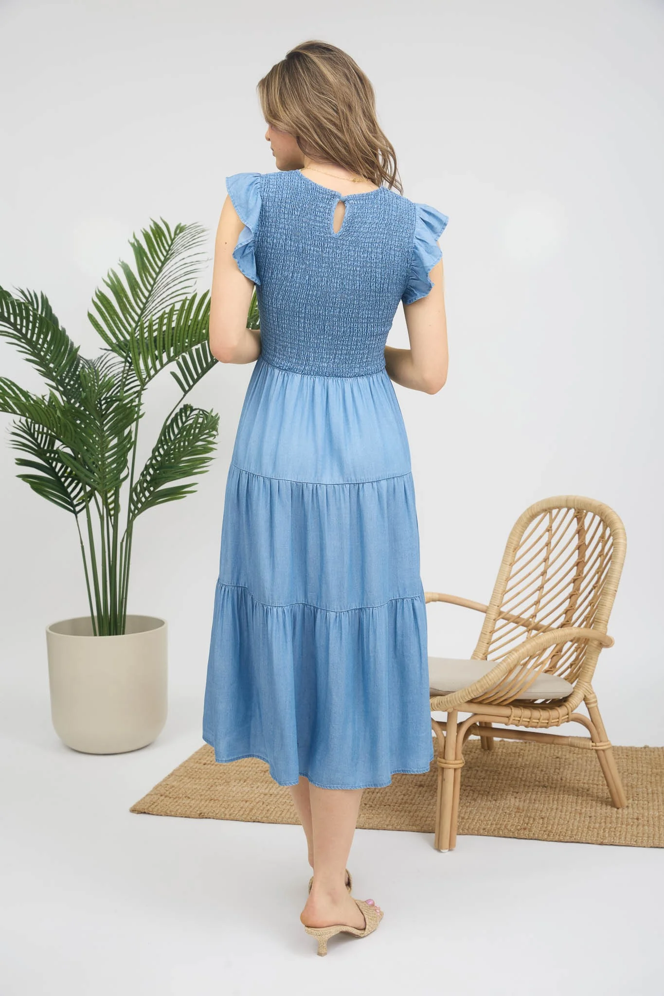 Chambray Smocked Ruffle Sleeve Tiered Midi Dress - XAYUYUE