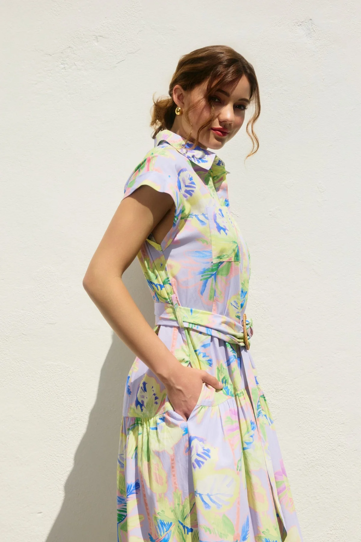 Floral Radiance Sash Belt Shirt Dress - XAYUYUE