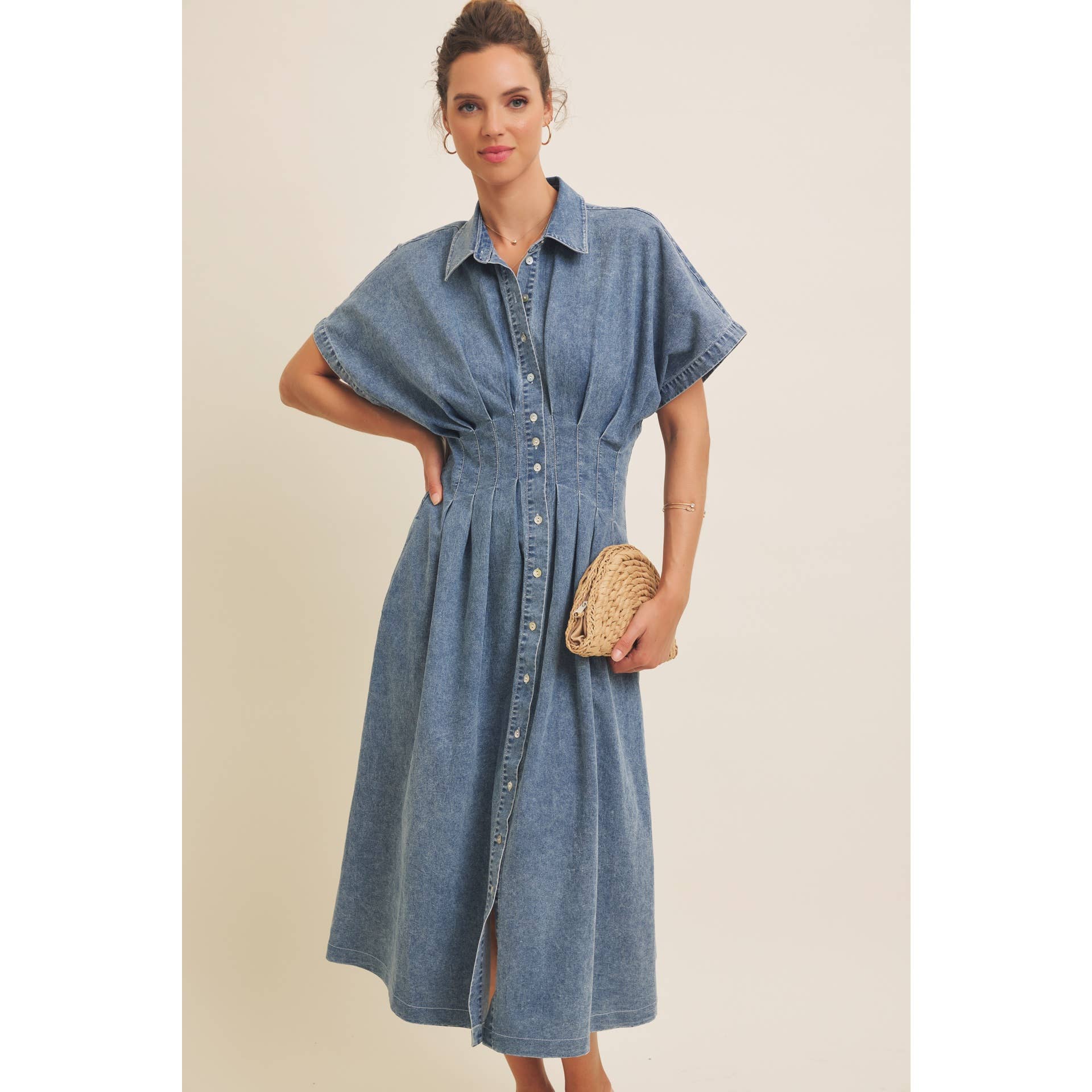 STRETCHY DENIM MIDI DRESS WITH MINERAL-WASHED: WASHED DENIM / L - XAYUYUE