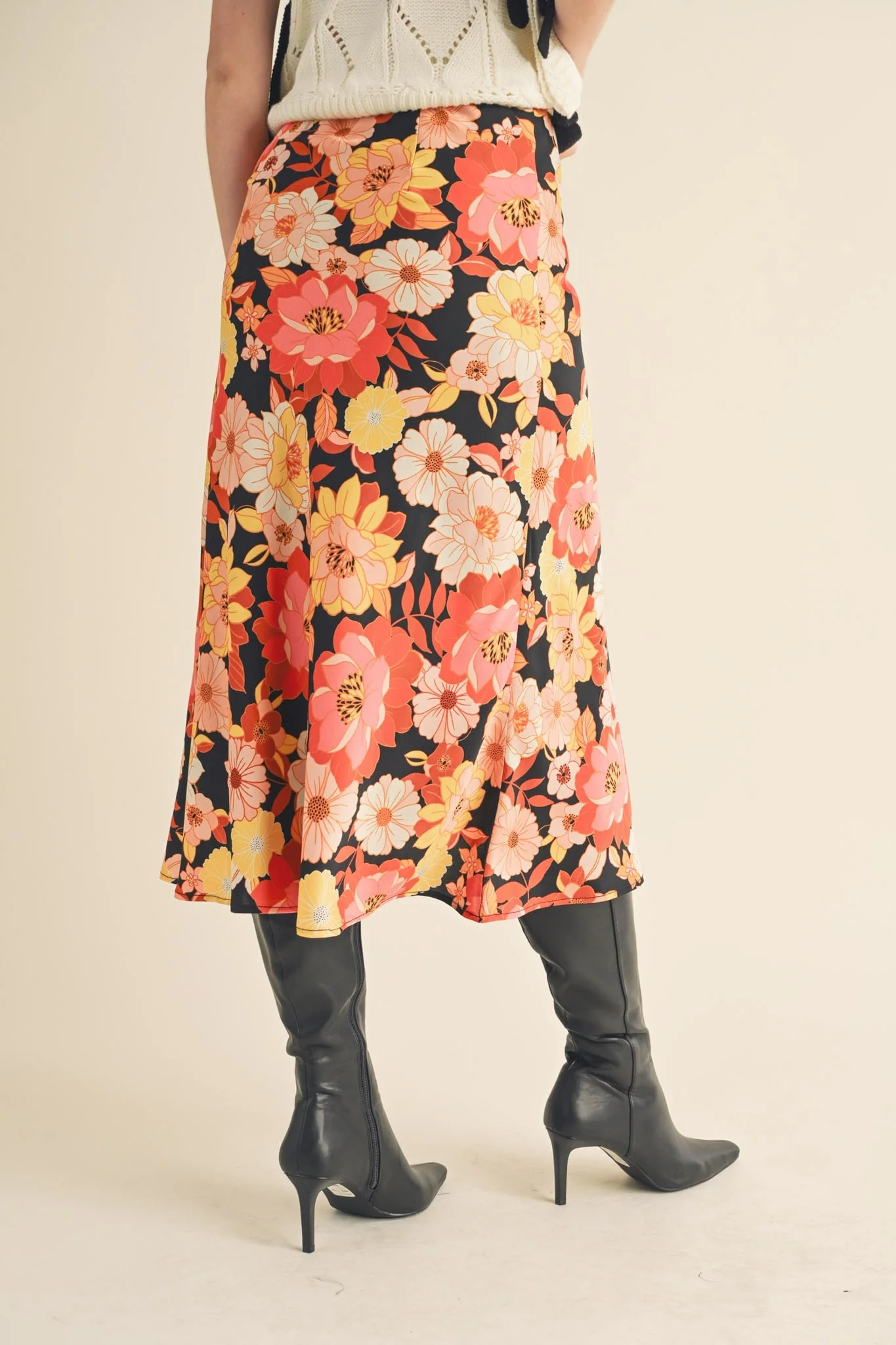 Satin Floral Midi Slip Skirt - XAYUYUE