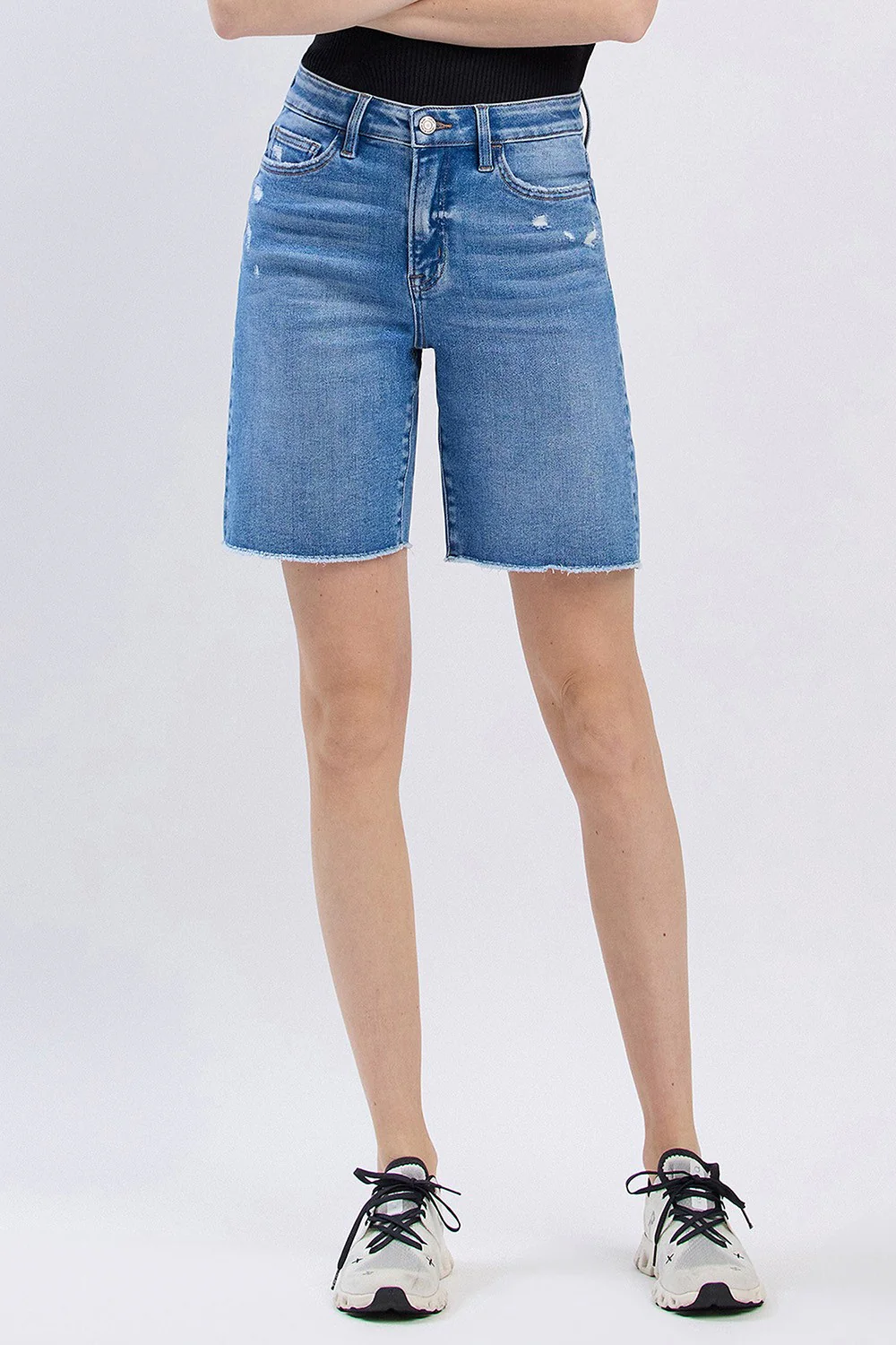 High Rise Raw Hem Bermuda Shorts - XAYUYUE