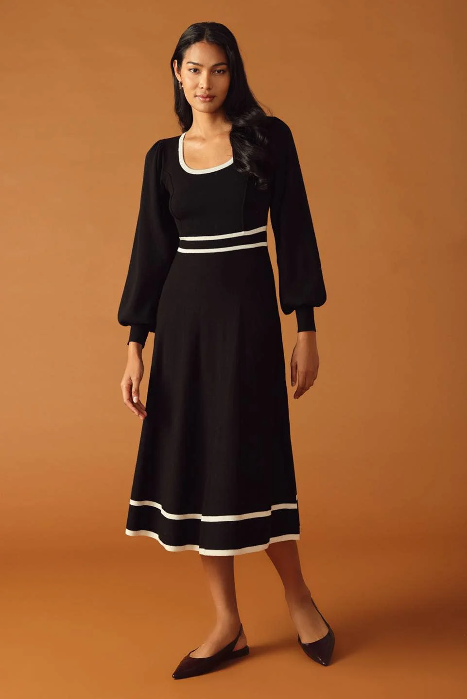 Sweater Knit Midi Dress: BLACK IVORY - XAYUYUE