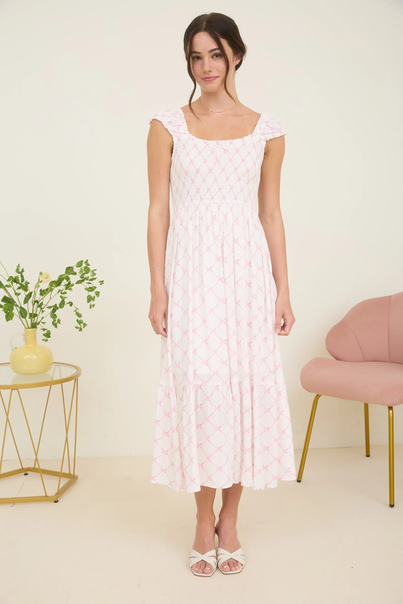 Bow Pattern Ruched Sleeve Smocked Midi Dress - XAYUYUE