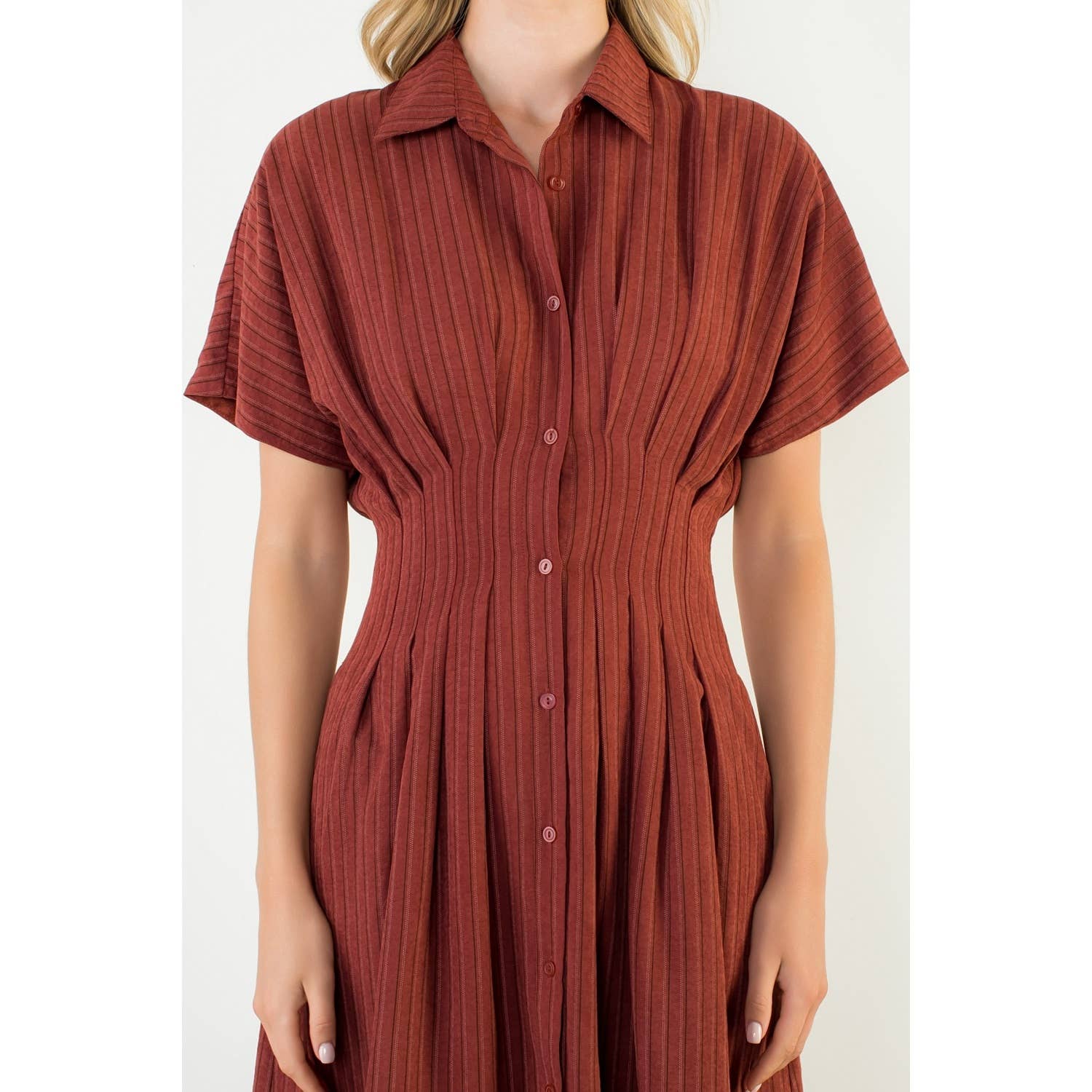 Collared Short Sleeve Button Front Maxi Dress: BURGUNDY - XAYUYUE