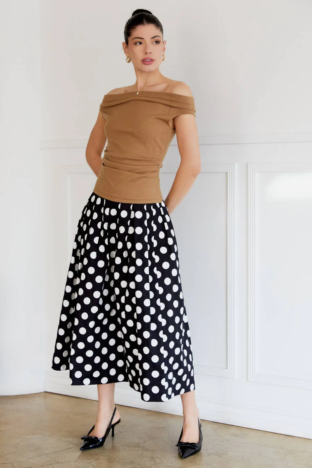 POLK DOT PLEATED CIRCLE MIDI SKIRT: BLACK-WHITE DOT / S - XAYUYUE