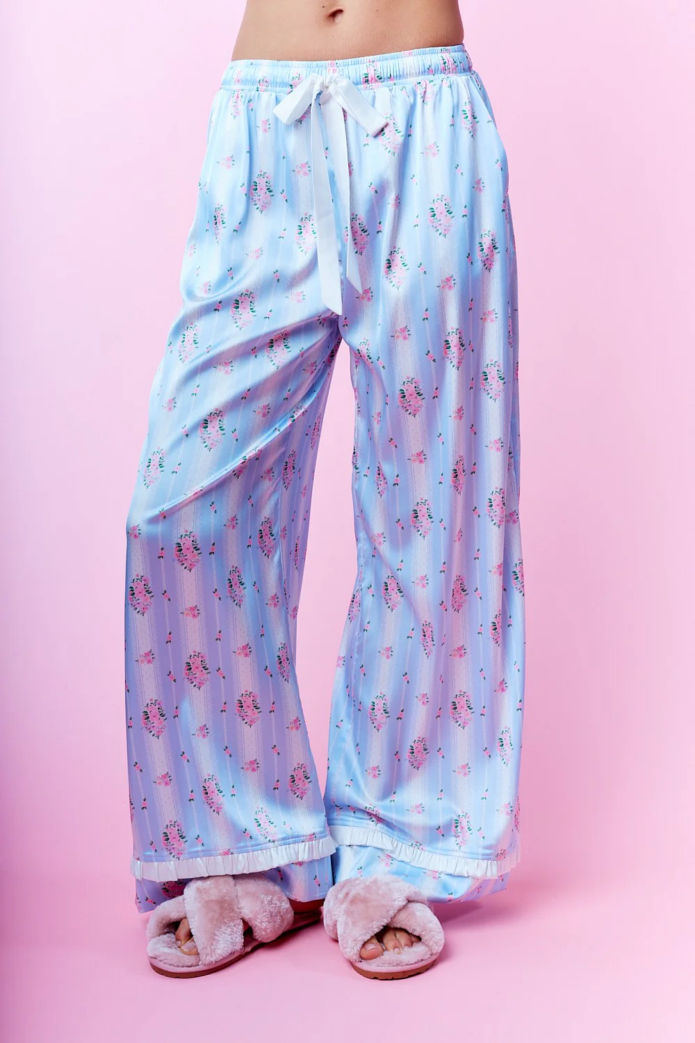 Striped Floral Ruffle Trim Pajamas - XAYUYUE