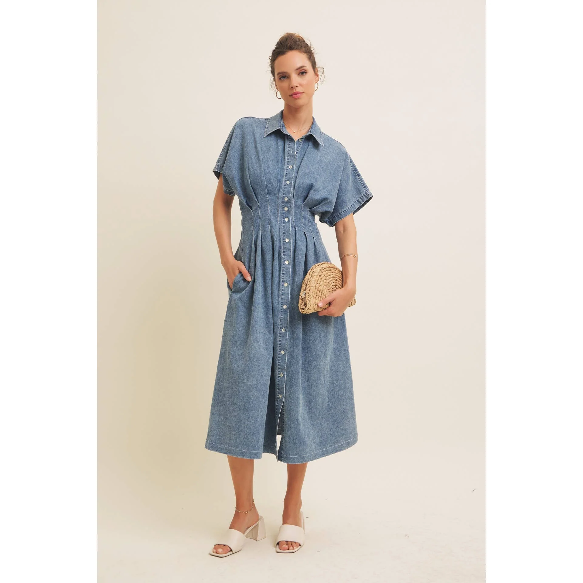 STRETCHY DENIM MIDI DRESS WITH MINERAL-WASHED: WASHED DENIM / L - XAYUYUE