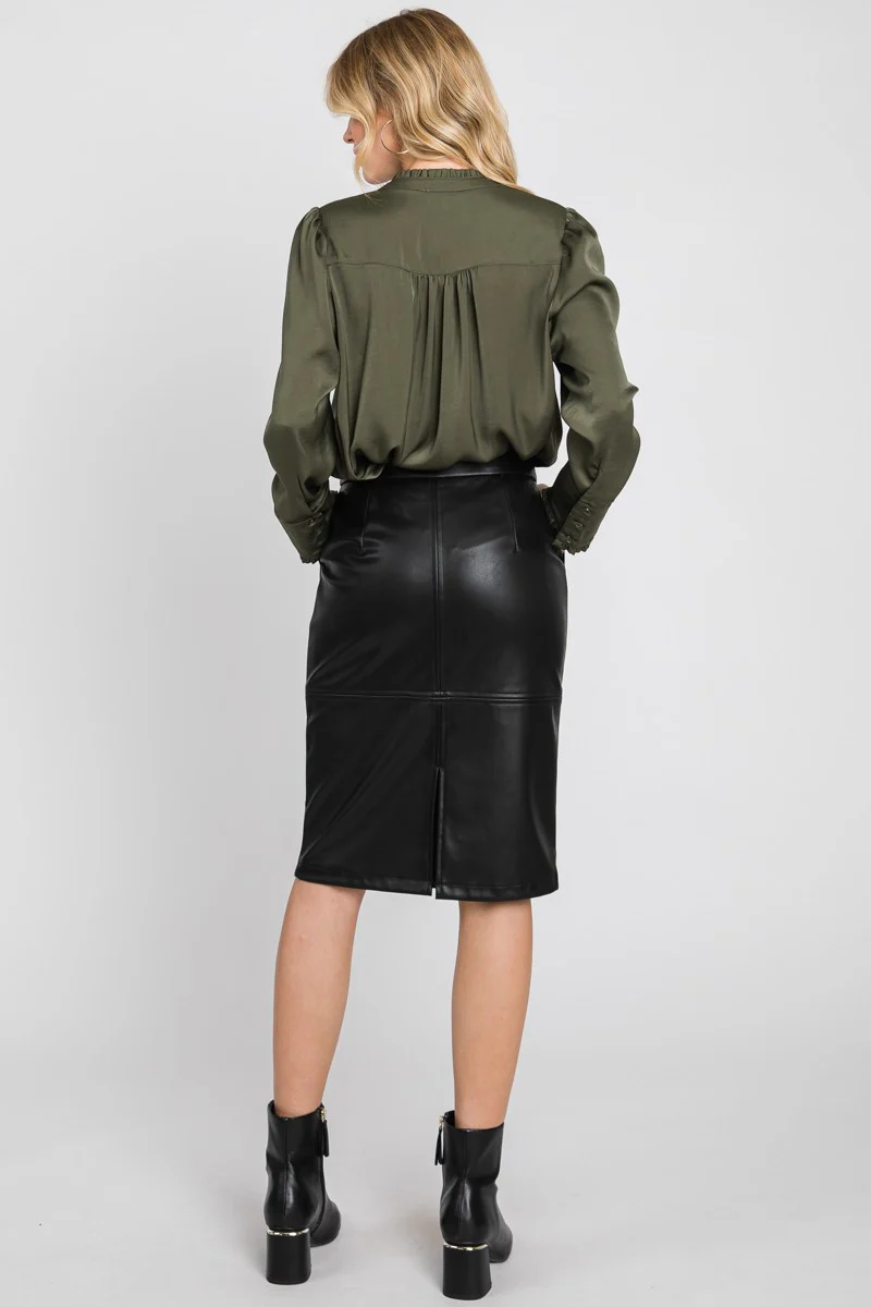 Faux Leather Midi Skirt - XAYUYUE