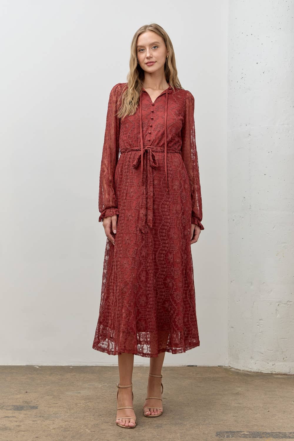 LONG SLEEVE LACE LONG MIDI DRESS: RED BROWN - XAYUYUE