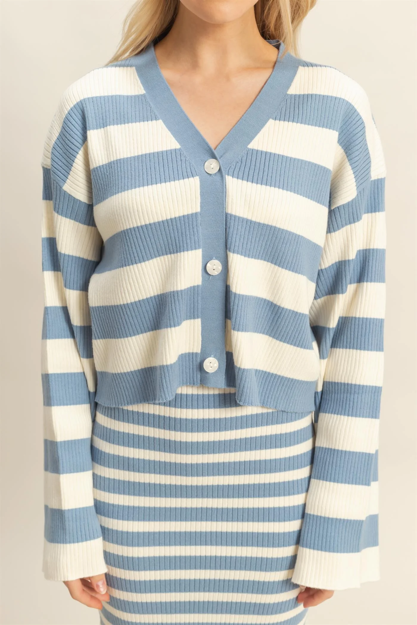 Striped Sweater Cardigan And Dress Set - XAYUYUE