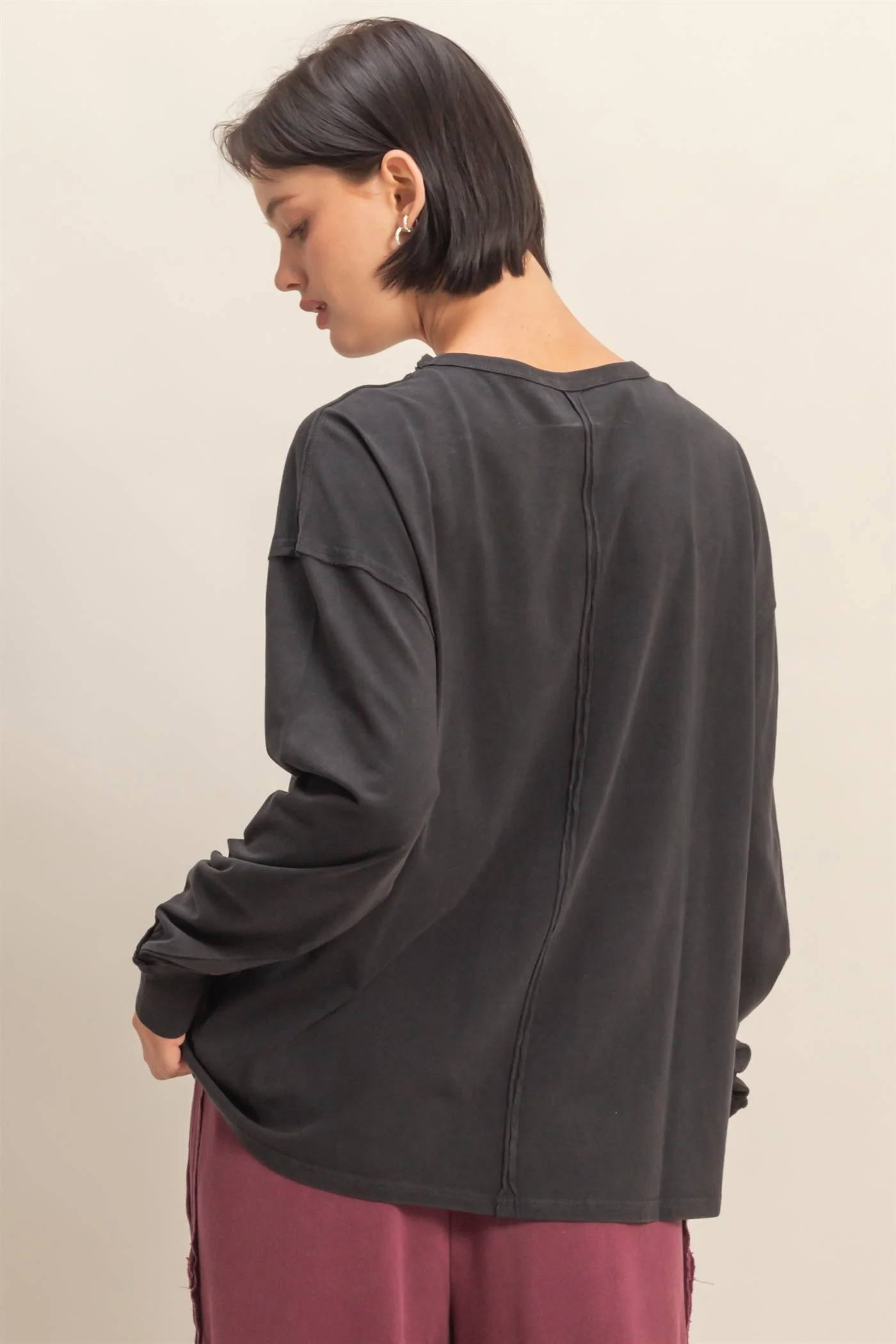 Oversized Washed Long Sleeve Pocket Tee - XAYUYUE