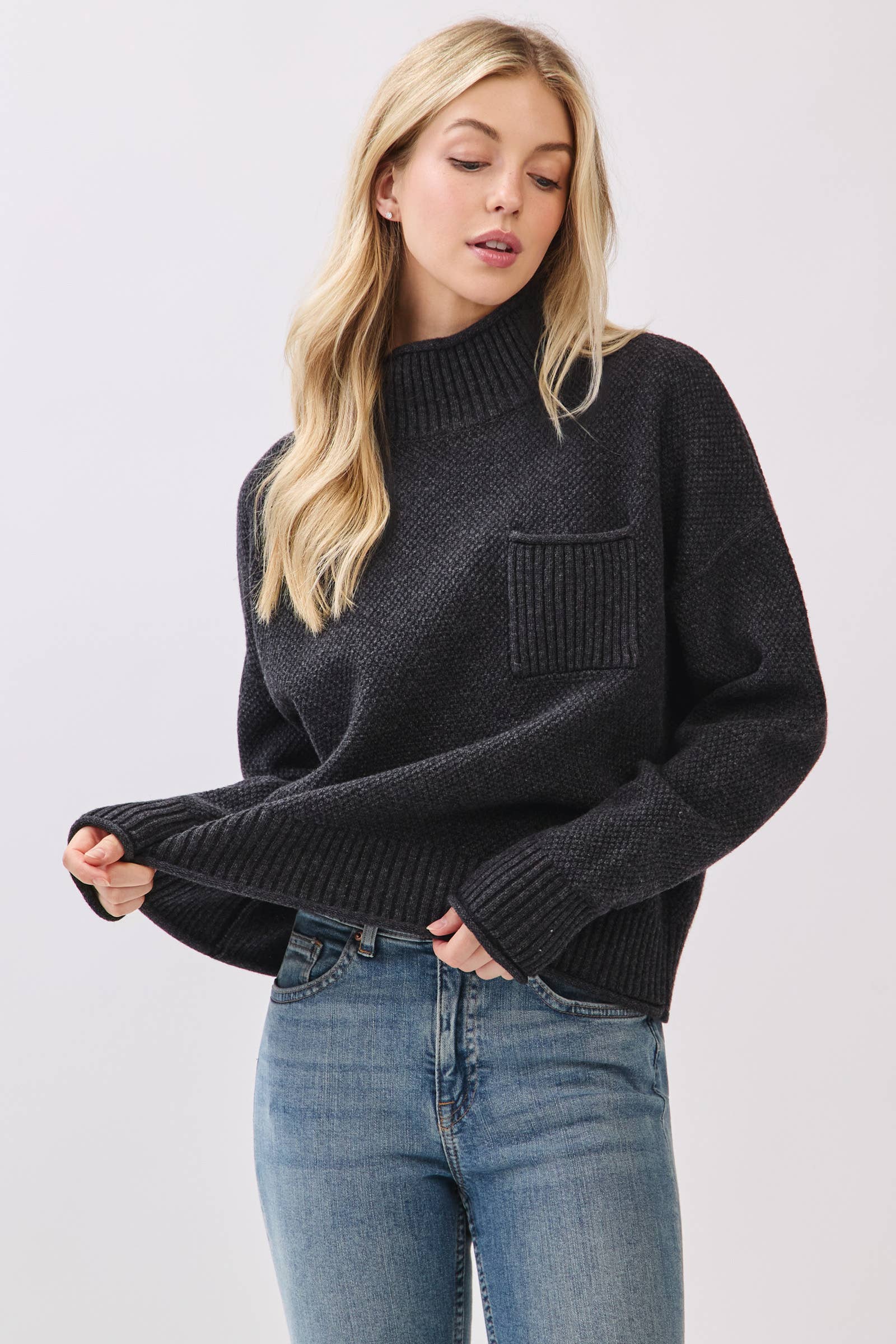 Mock Neck Long Sleeve Sweater Top: Charcoal - XAYUYUE