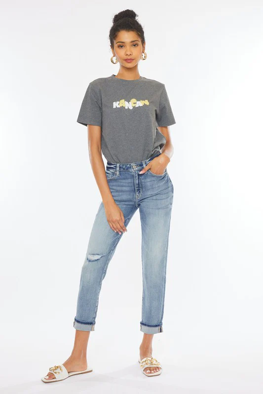 Medium Wash High Rise Cuffed Mom Jeans - XAYUYUE