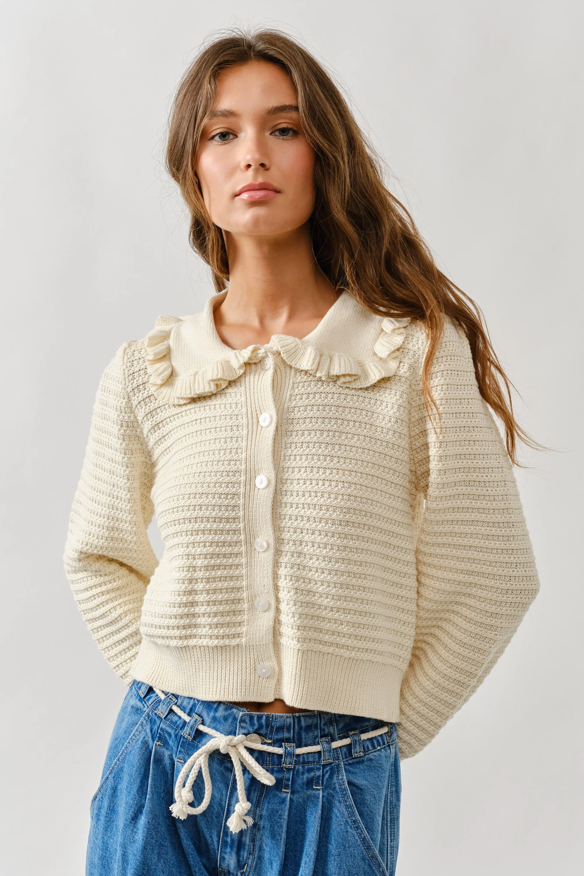 Ruffle Collar Knit Cardigan - XAYUYUE