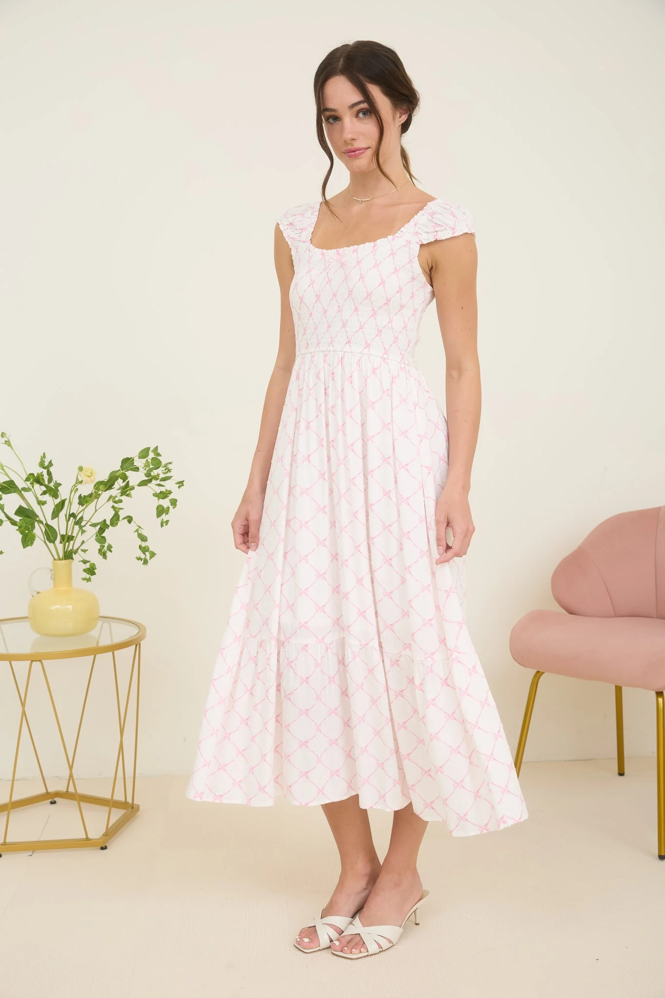 Bow Pattern Ruched Sleeve Smocked Midi Dress - XAYUYUE