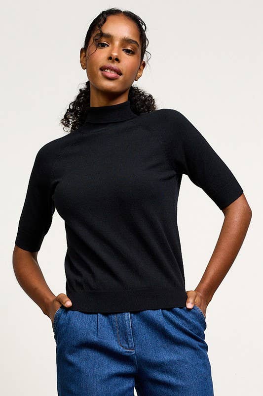 Mock Neck Half Sleeve Knit Top: Black - XAYUYUE