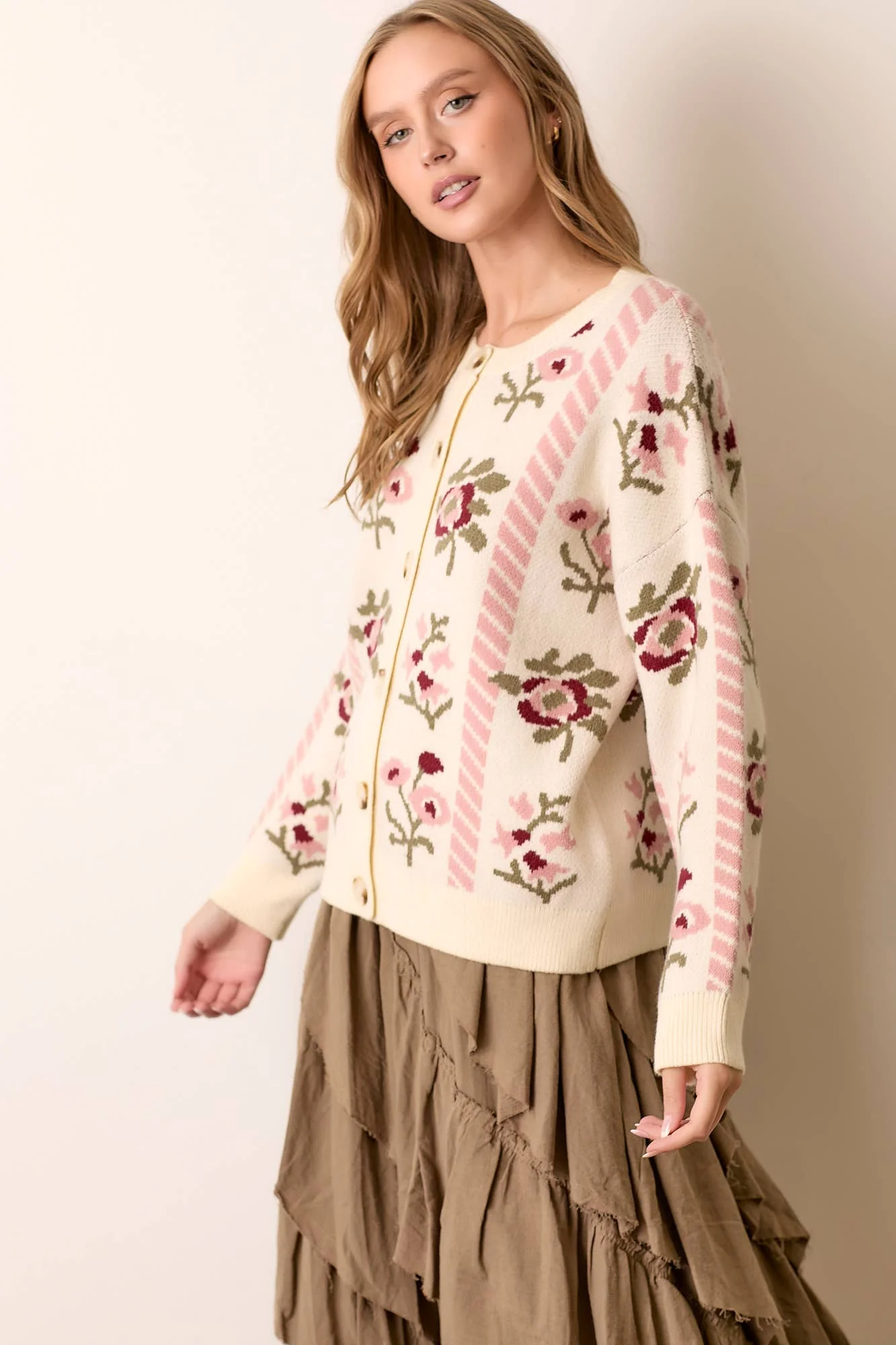 FLORAL INTARSIA SWEATER CARDIGAN: CREAM / S - XAYUYUE