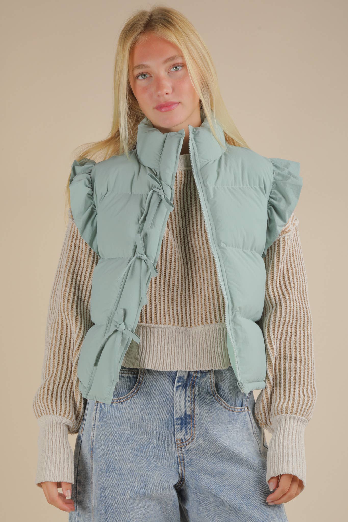 Front Bow Ruffle Sleeve Puffer Vest: SAGE - XAYUYUE