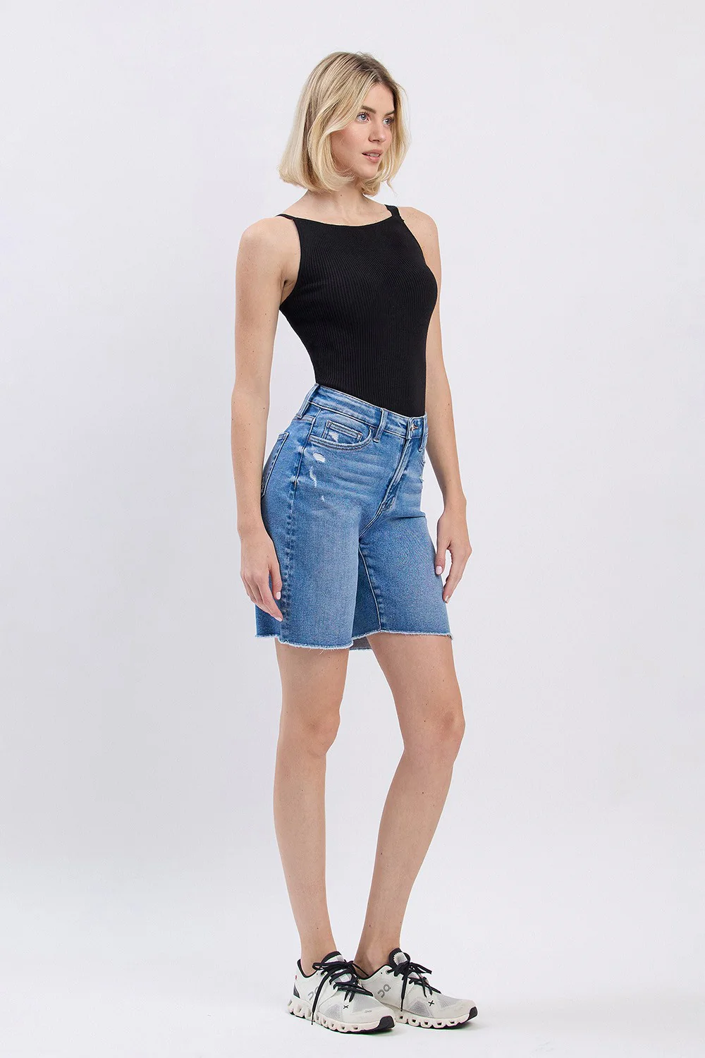 High Rise Raw Hem Bermuda Shorts - XAYUYUE