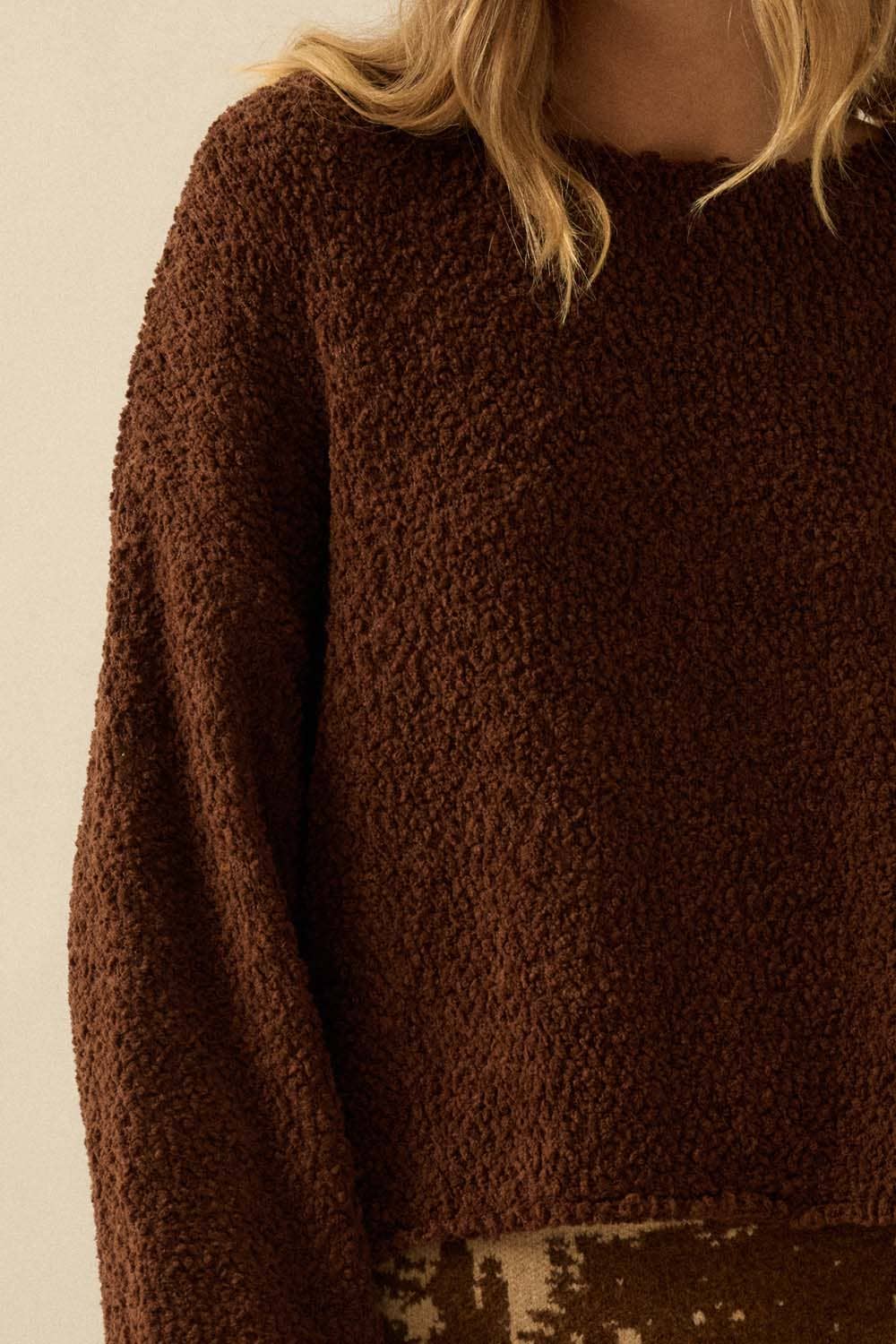 Popcorn-Knit Wide-Sleeve Boatneck Sweater: Chocolate - XAYUYUE