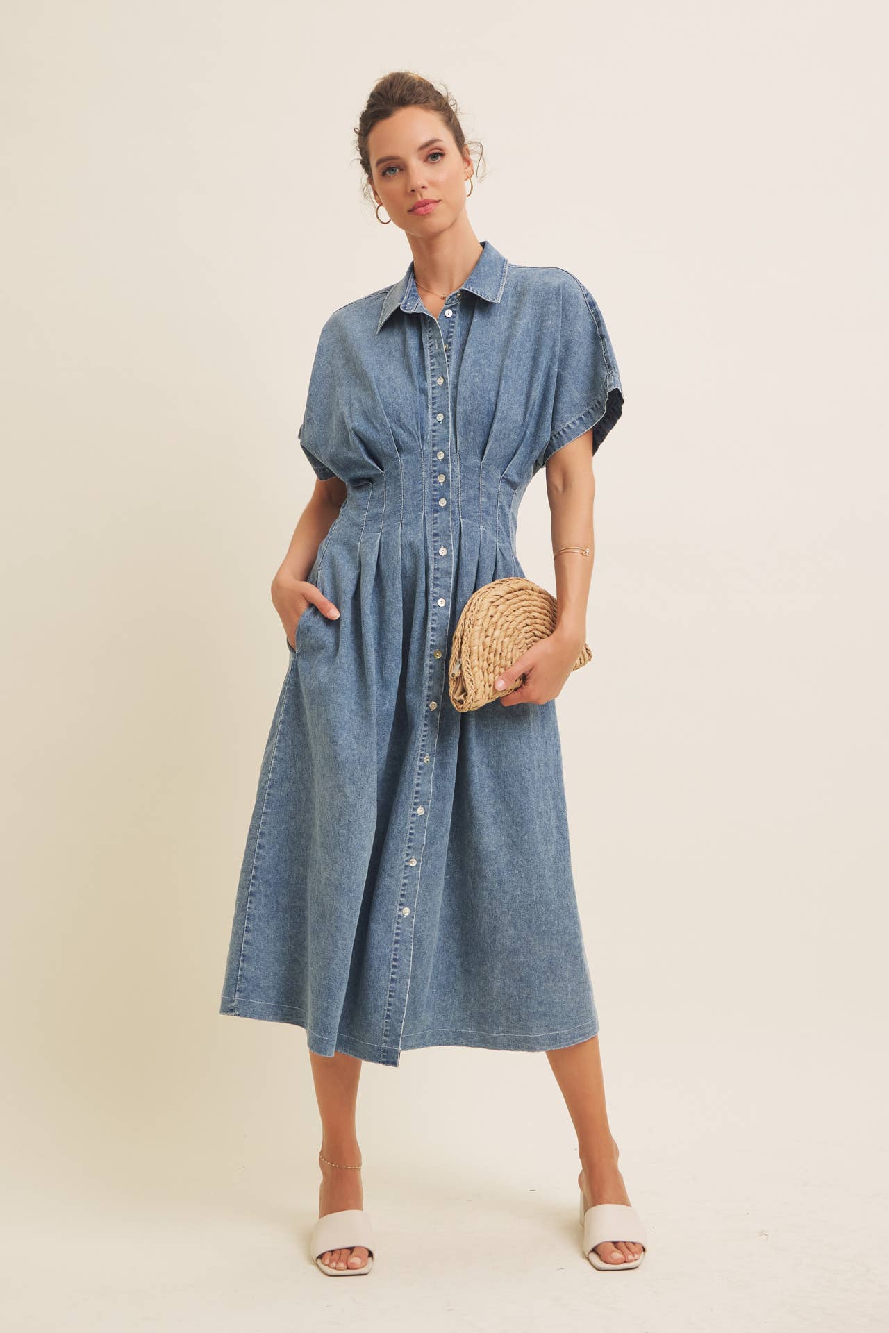 STRETCHY DENIM MIDI DRESS WITH MINERAL-WASHED: WASHED DENIM / L - XAYUYUE
