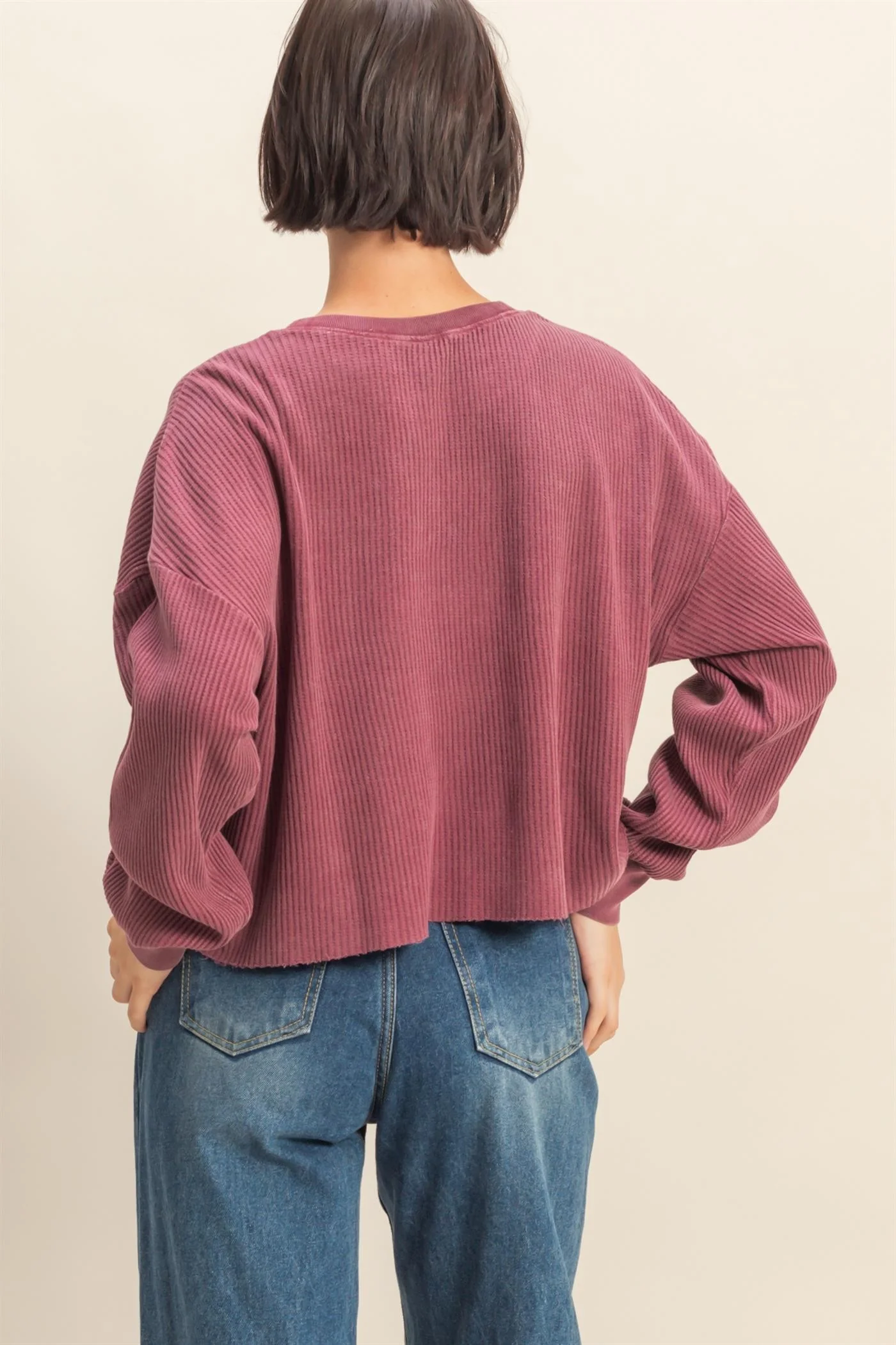 Mineral Washed Waffle Long Sleeve Top - XAYUYUE