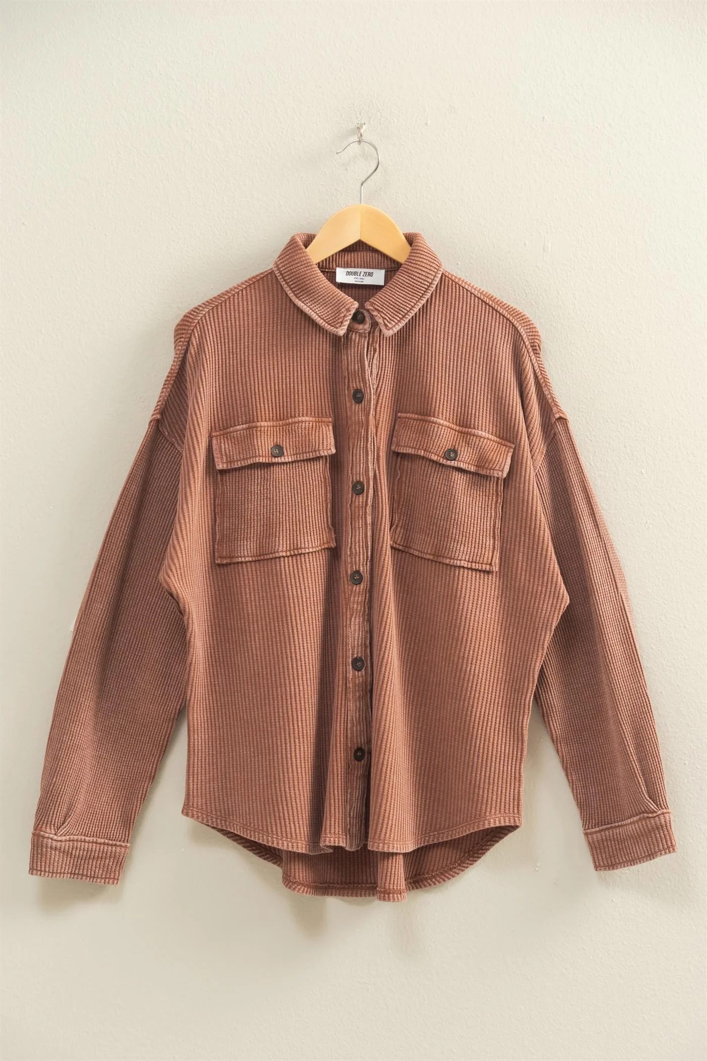 Oversized Mineral Washed Waffle Button Up Shacket - XAYUYUE