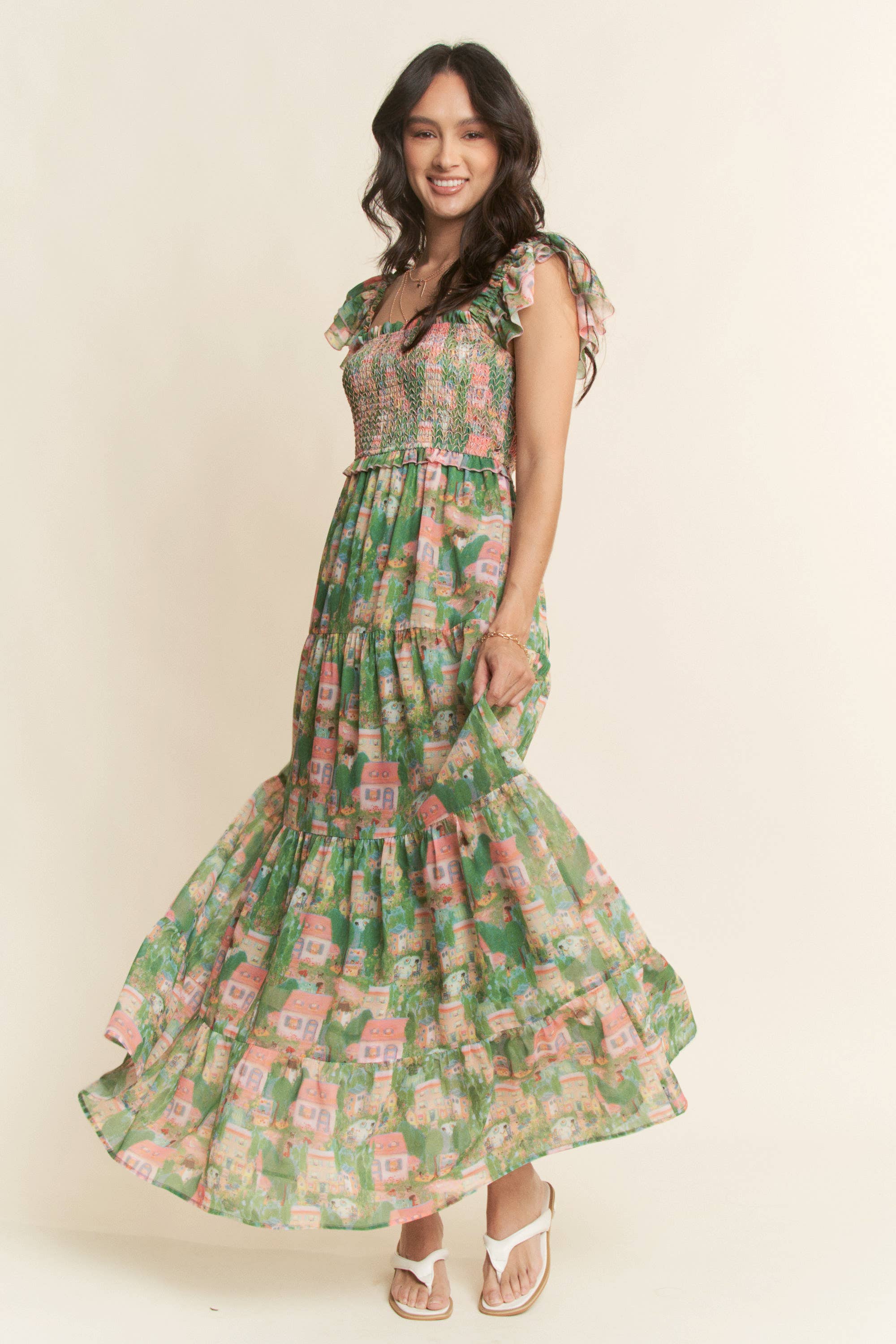 VILLAGE SMOCKING BODICE RUFFLE SLEEVE MAXI DRESS: Pink green / S - XAYUYUE