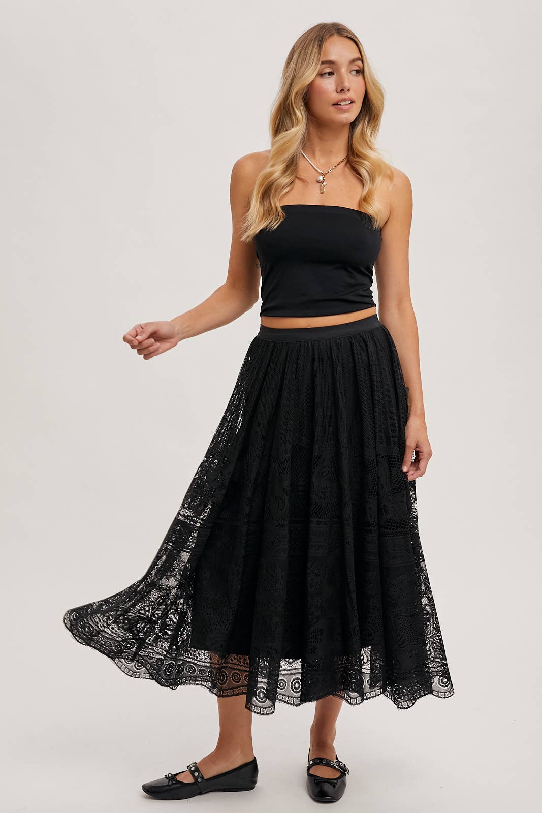 BOHO LACE MIDI SKIRT WITH LINING: Black - XAYUYUE