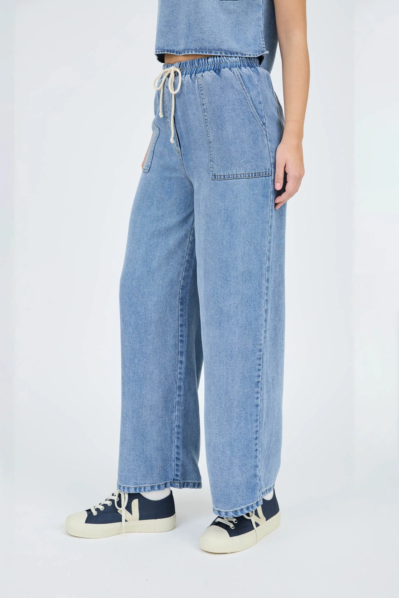 High Waist Drawstring Chambray Pants - XAYUYUE