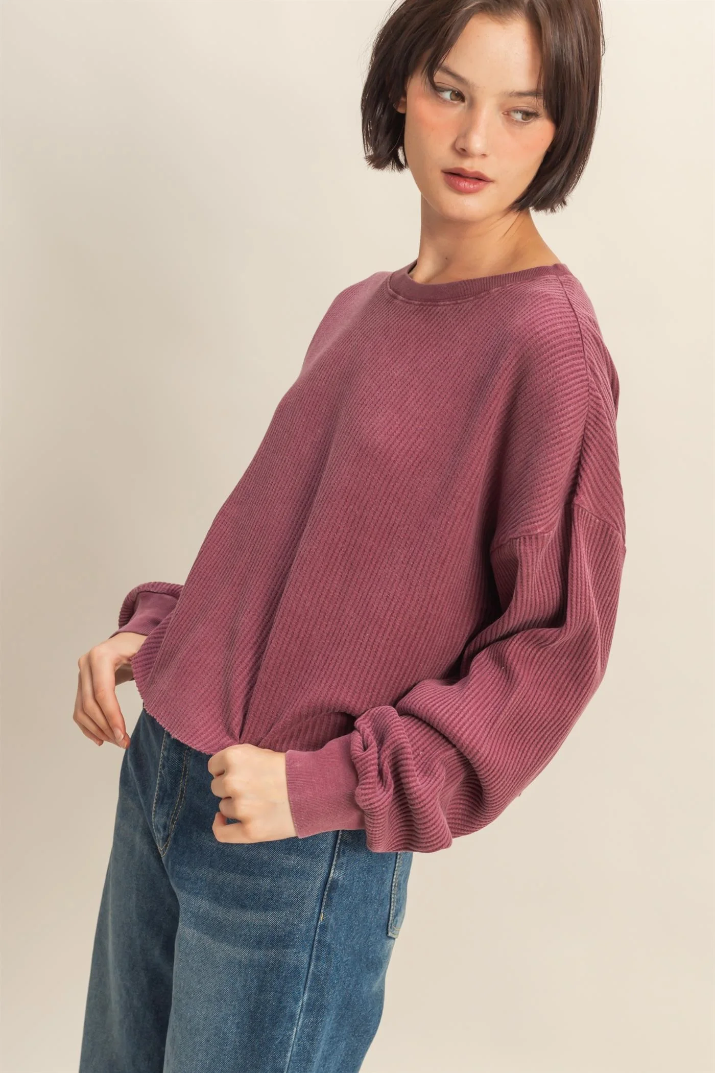 Mineral Washed Waffle Long Sleeve Top - XAYUYUE