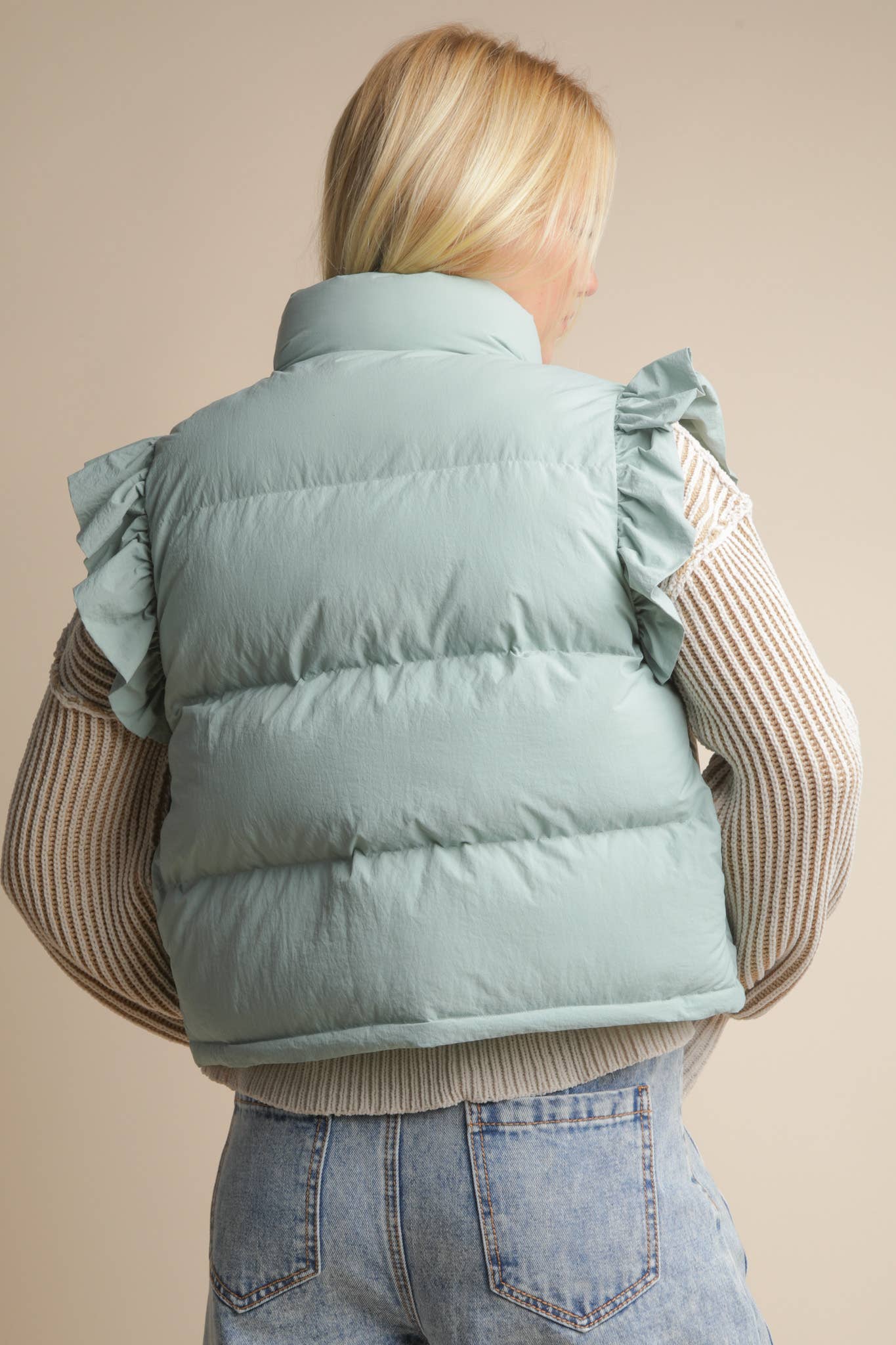 Front Bow Ruffle Sleeve Puffer Vest: SAGE - XAYUYUE