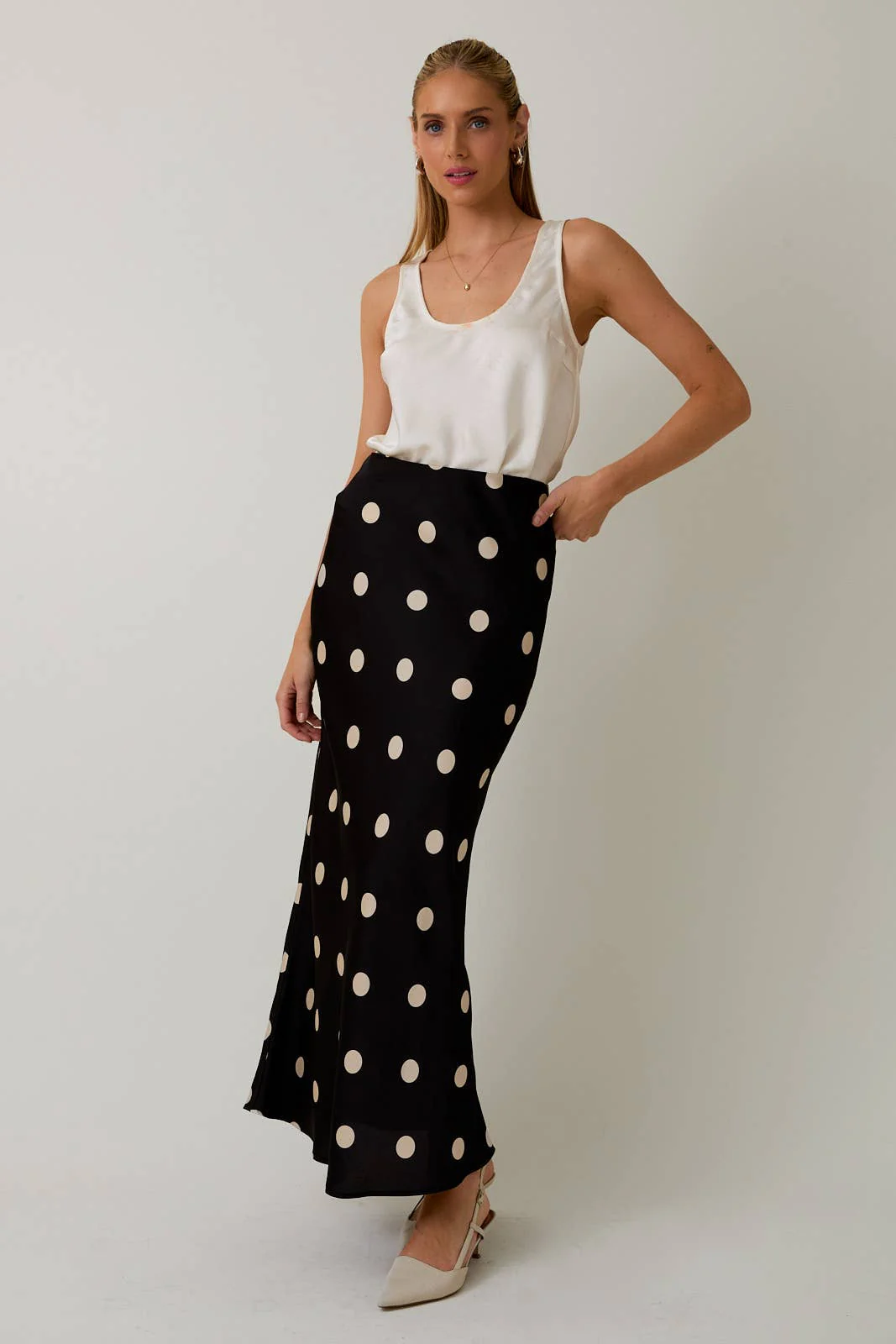 SATIN MIDI SKIRT IN POLKA DOT: BLACK-CREAM DOT - XAYUYUE