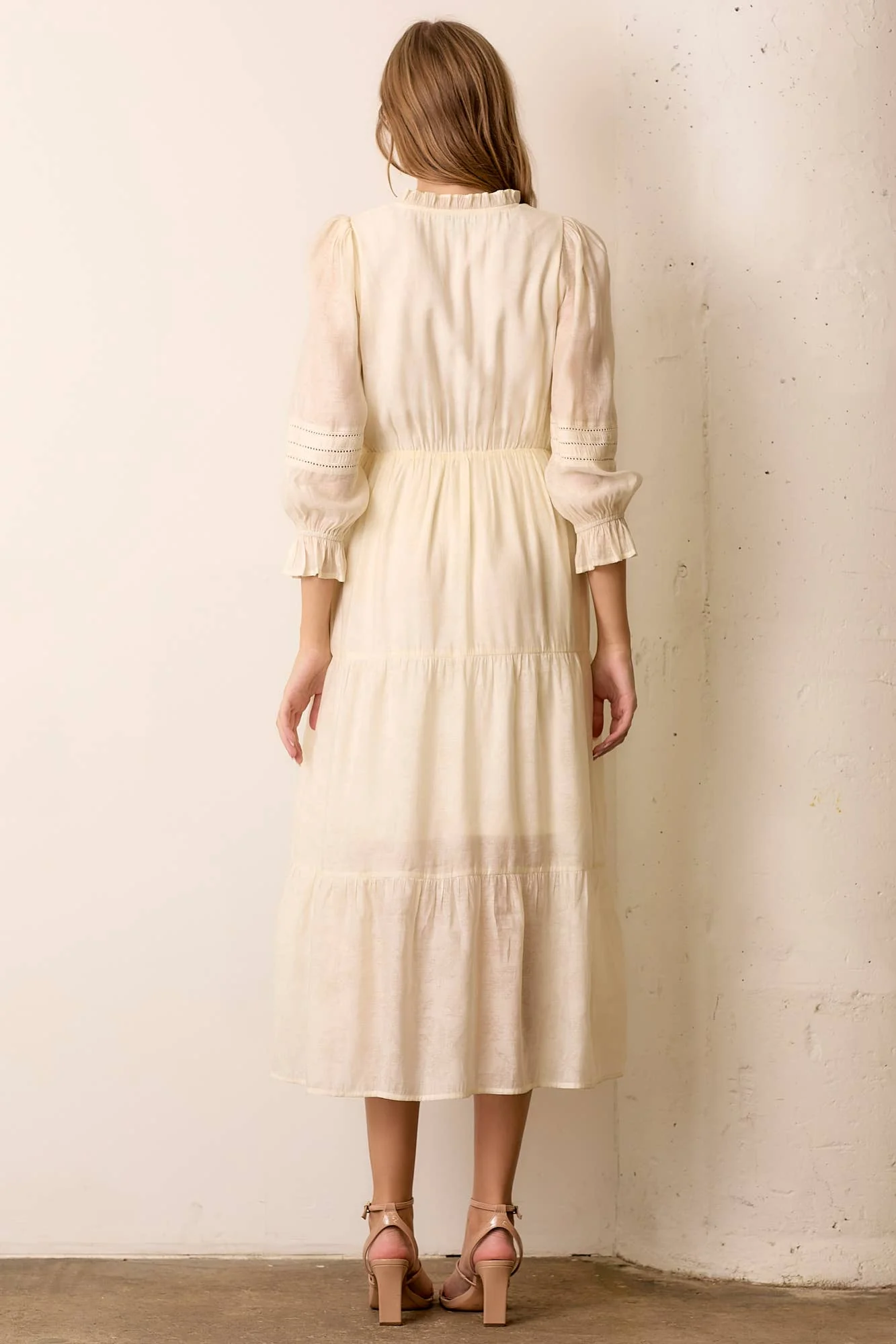 V-Neck Long Sleeve Midi Dress in Ivory - XAYUYUE